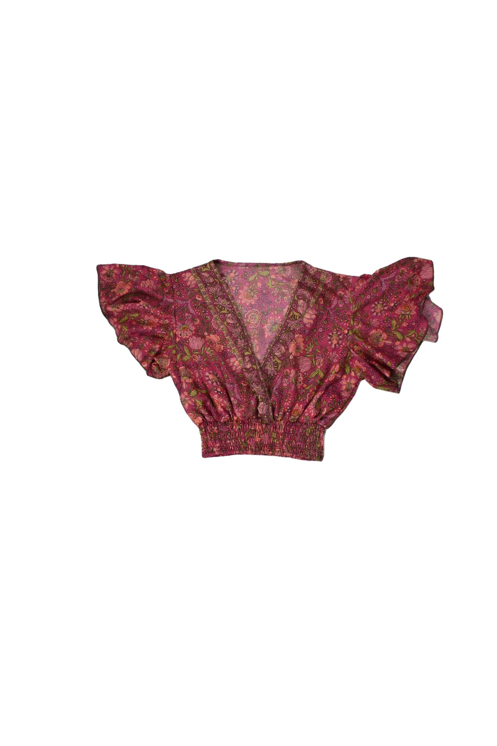 No Brand Women's Magenta/Pink/Olive Top with Silk Blend, Floral Pattern, V-neck