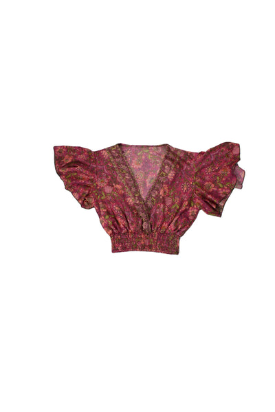 No Brand Women's Magenta/Pink/Olive Top with Silk Blend, Floral Pattern, V-neck
