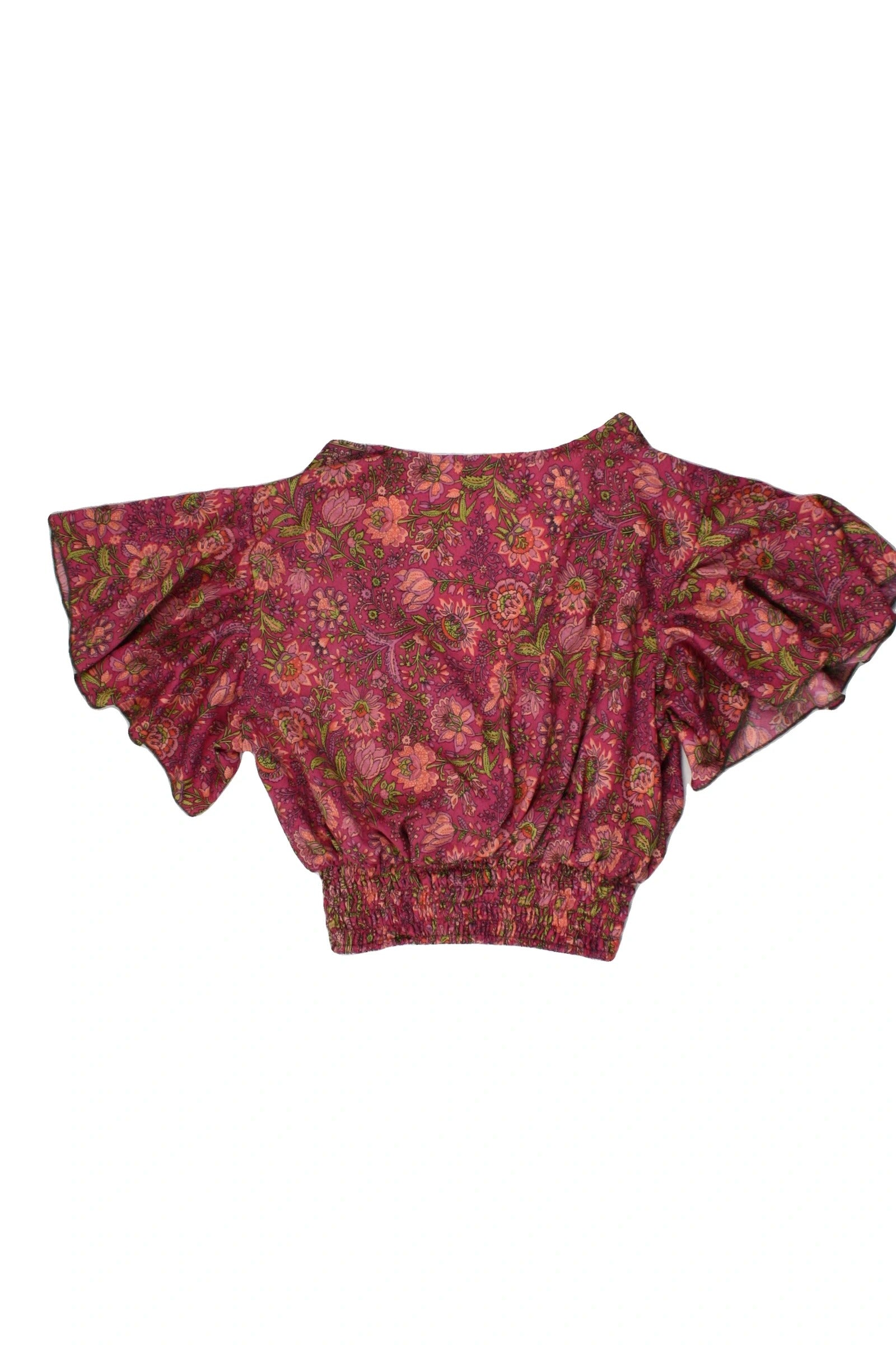 No Brand Women's Magenta/Pink/Olive Top with Silk Blend, Floral Pattern, V-neck