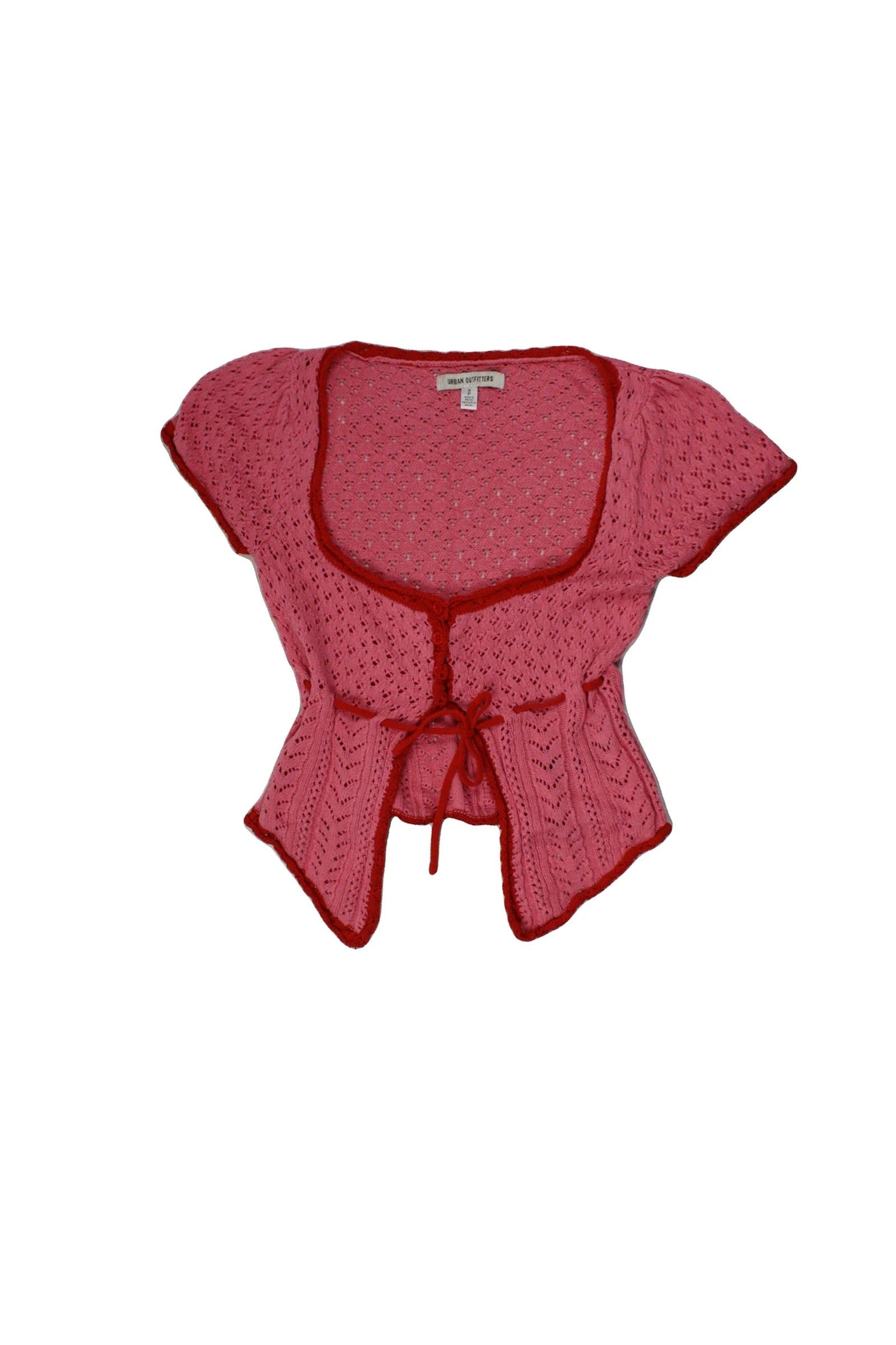 Urban Outfitters Women's Pink/Red Top with Crochet, Scoop Neck, Waist Tie – Size S