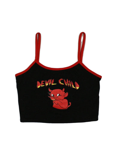 No Brand Women's Black/Red/Yellow Top with Spaghetti Straps, Devil Graphic, Cropped
