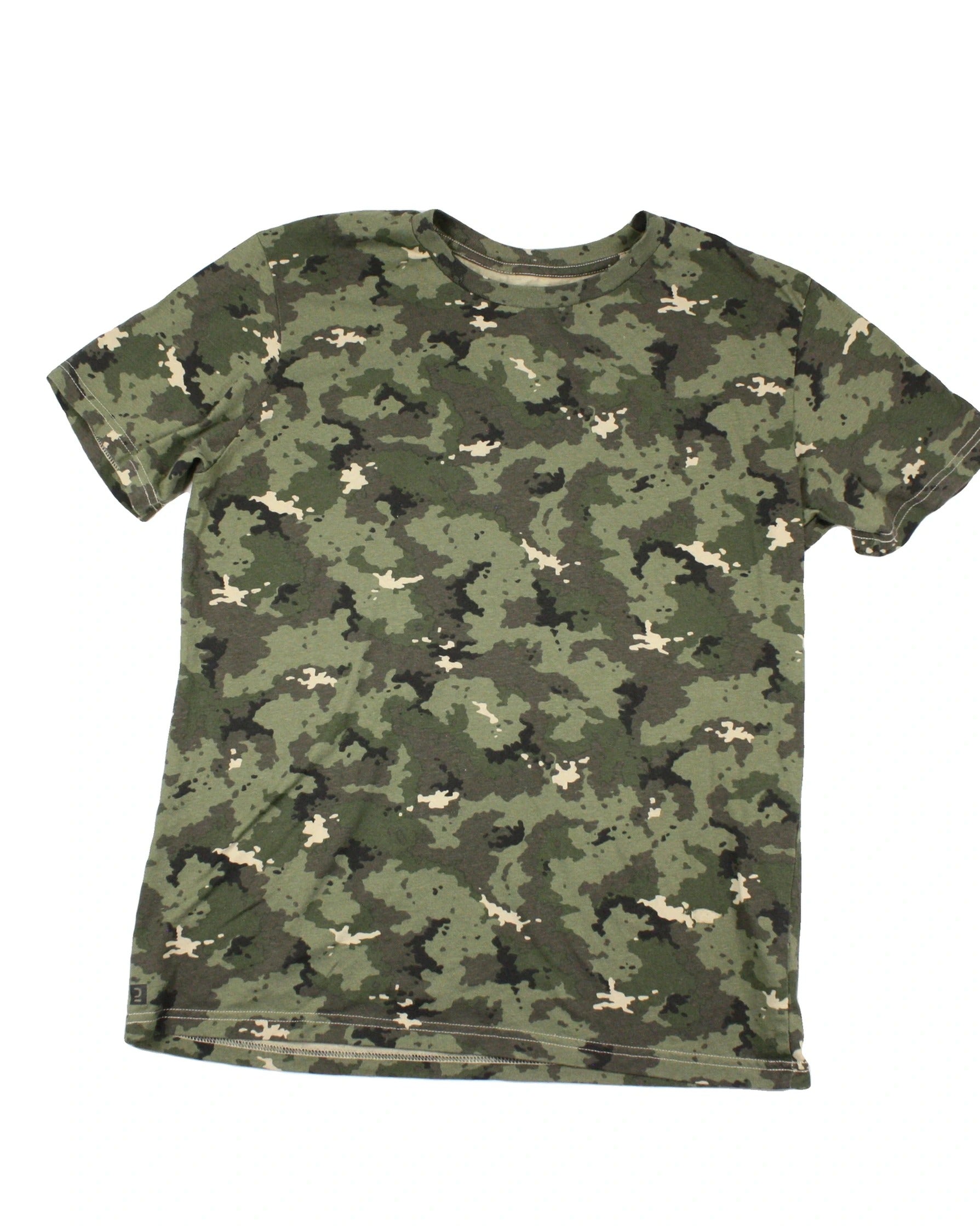 Decathlon Women's Olive/Black/Taupe Top with Round Neck, Camo Pattern – Size L