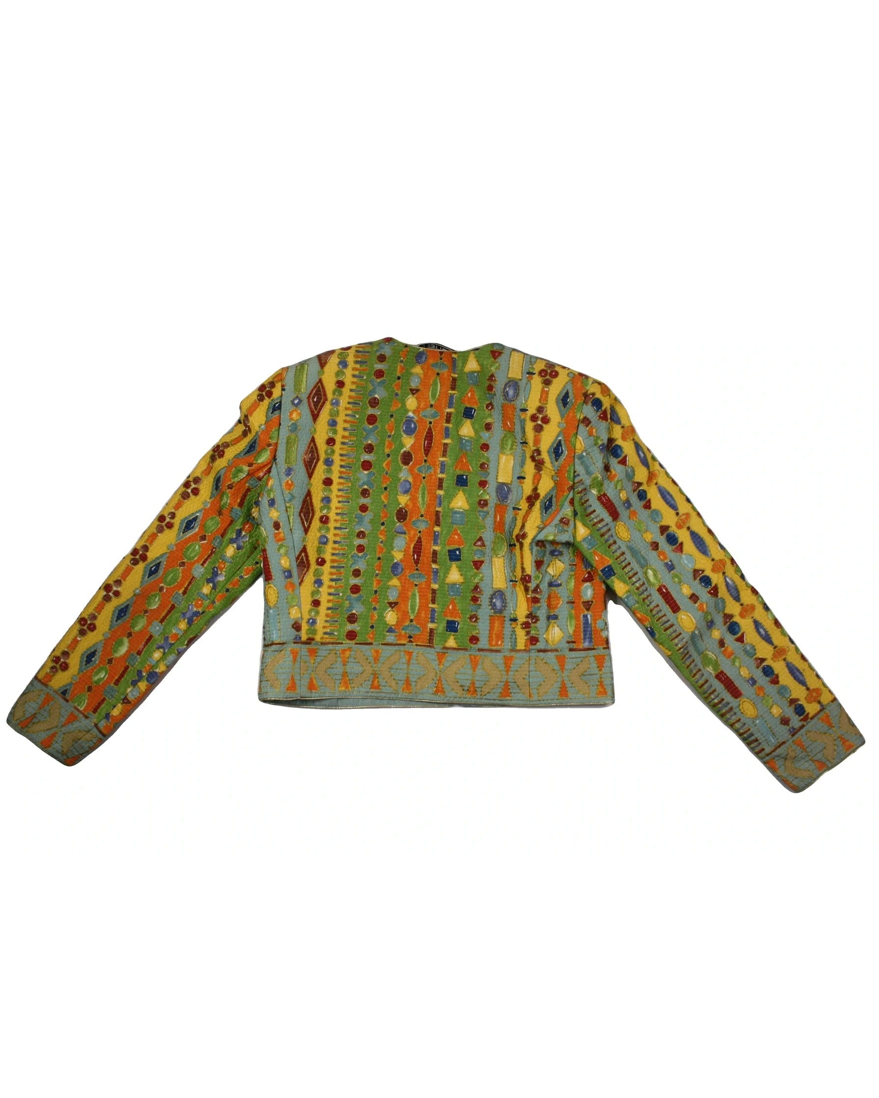 Carlisle Women's Turquoise/Orange/Yellow/Green Jacket with Silk, Abstract Bead Pattern, Gold Trim – Size 8