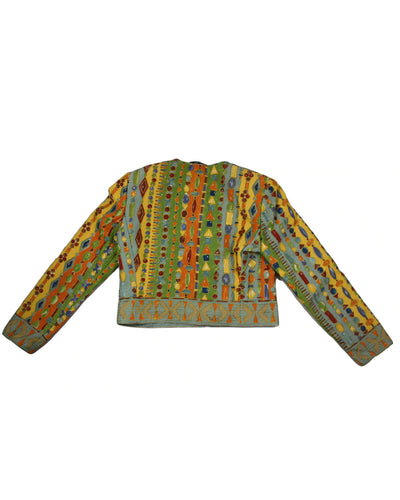 Carlisle Women's Turquoise/Orange/Yellow/Green Jacket with Silk, Abstract Bead Pattern, Gold Trim – Size 8