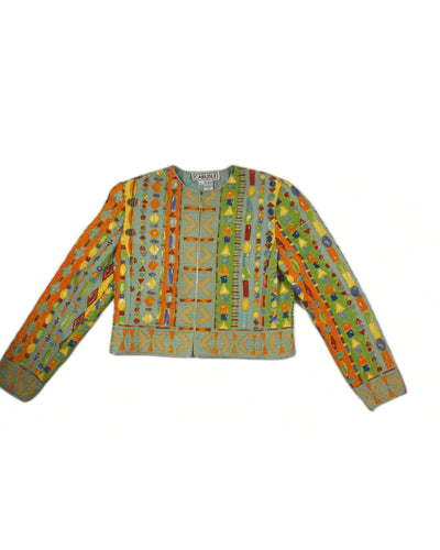 Carlisle Women's Turquoise/Orange/Yellow/Green Jacket with Silk, Abstract Bead Pattern, Gold Trim – Size 8