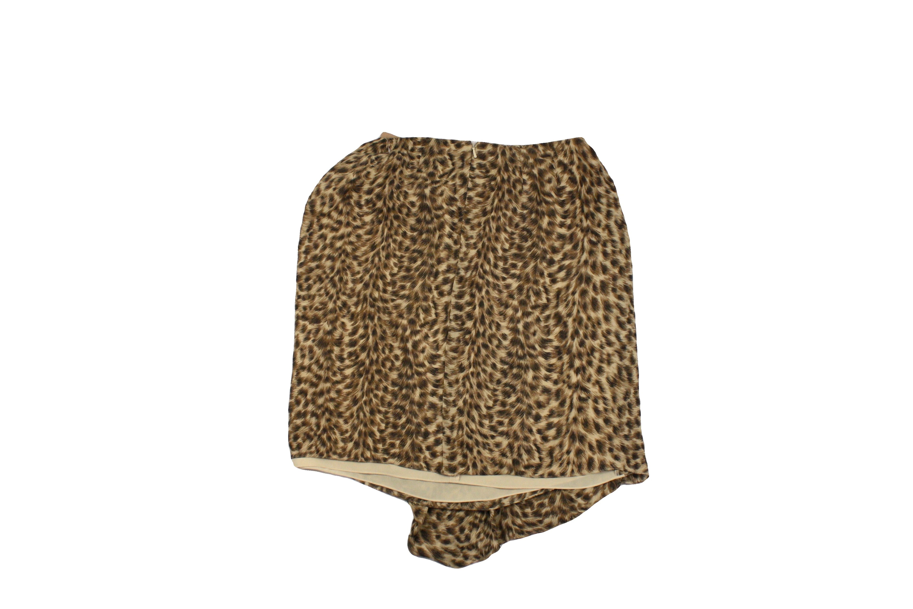 Emanuel Ungaro Women's Dark Brown/Light Brown/Beige Skirt with Silk, Abstract Fur Pattern, Faux Wrap – Size W26