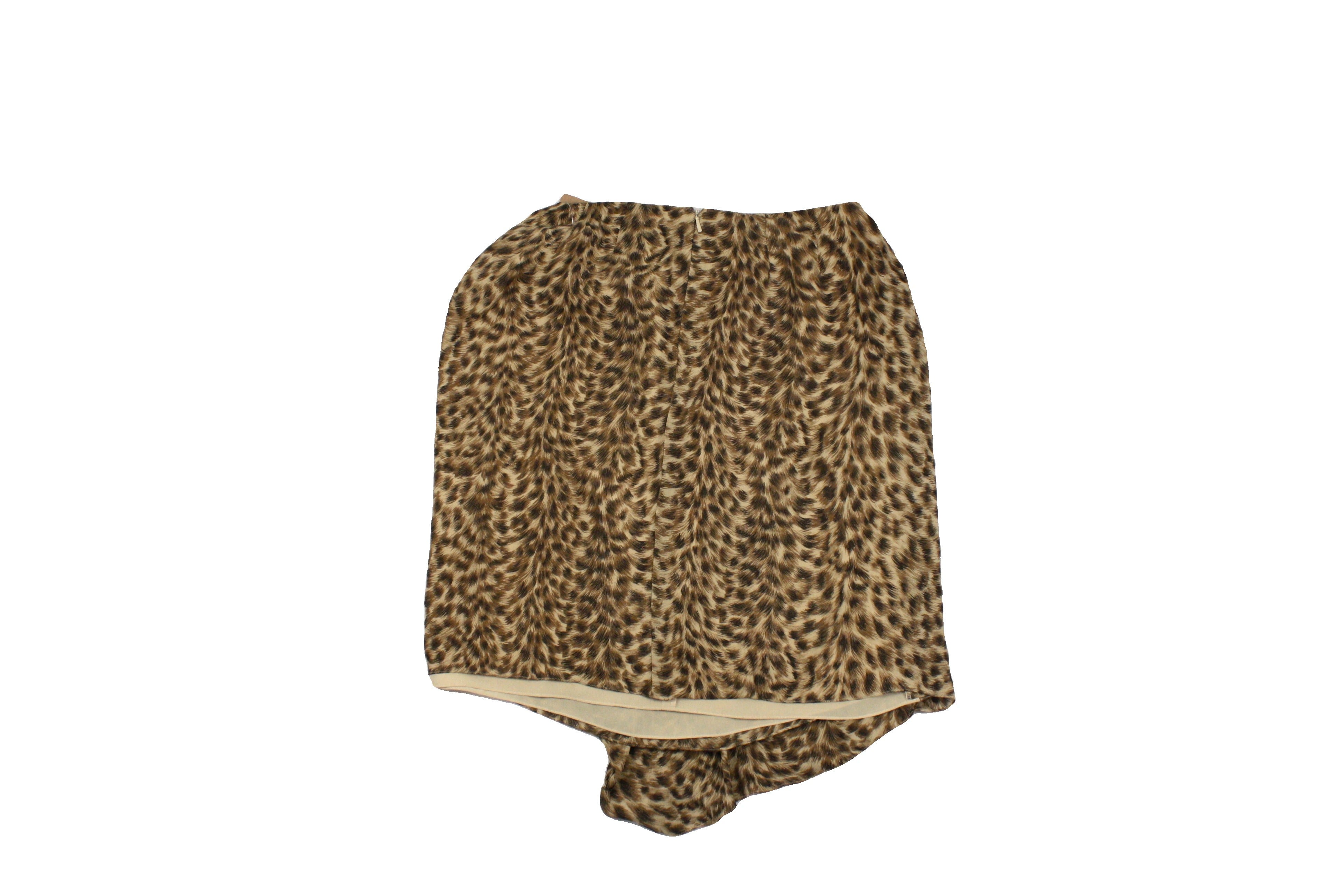 Emanuel Ungaro Women's Dark Brown/Light Brown/Beige Skirt with Silk, Abstract Fur Pattern, Faux Wrap – Size W26