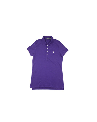 Polo Ralph Lauren Women's Purple/White Top with Polo Collar, Front Logo, Button Detail – Size M