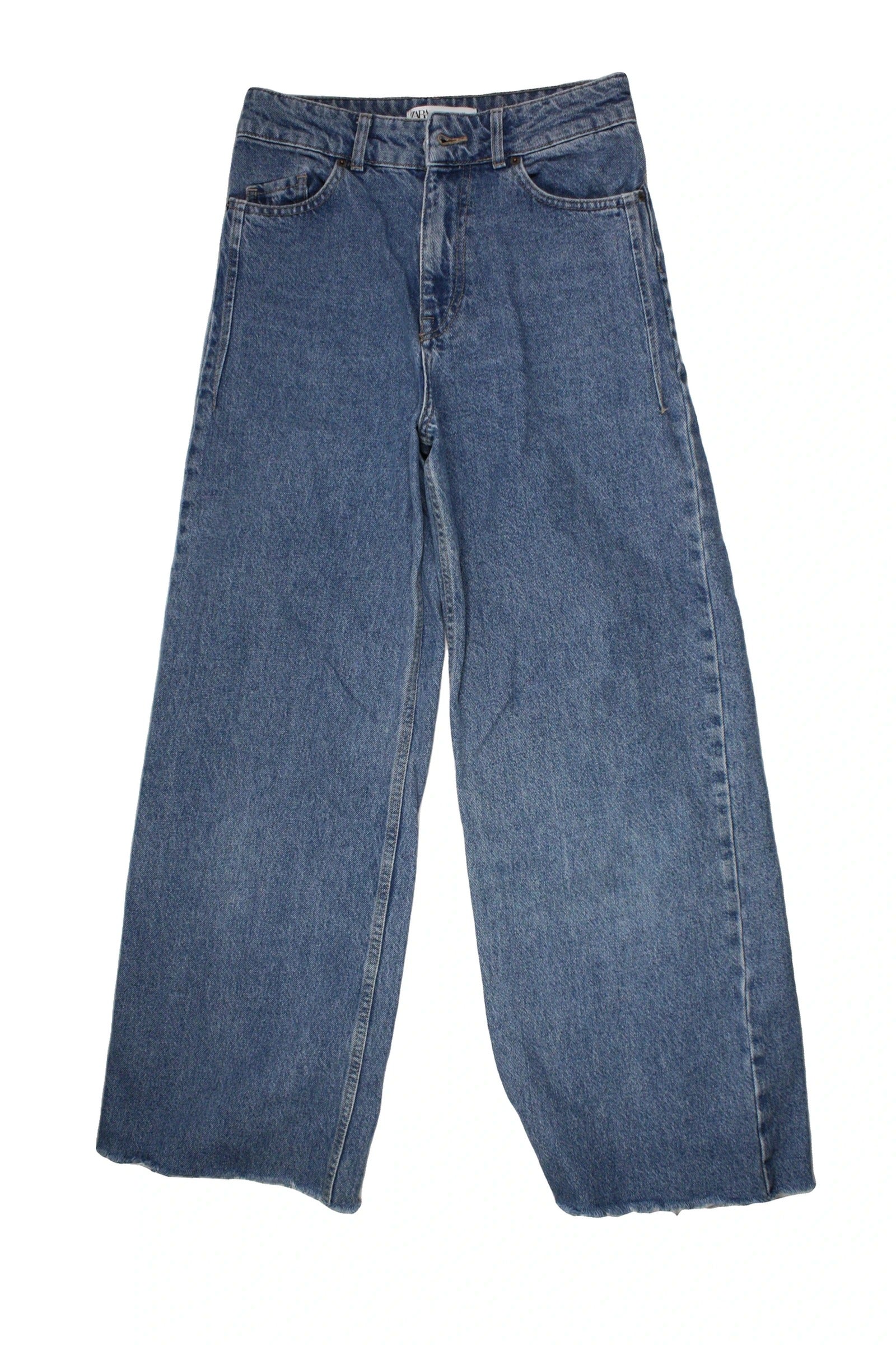 Zara Women's Blue Jeans with Medium Wash, Wide Leg, Raw Hem – Size W26