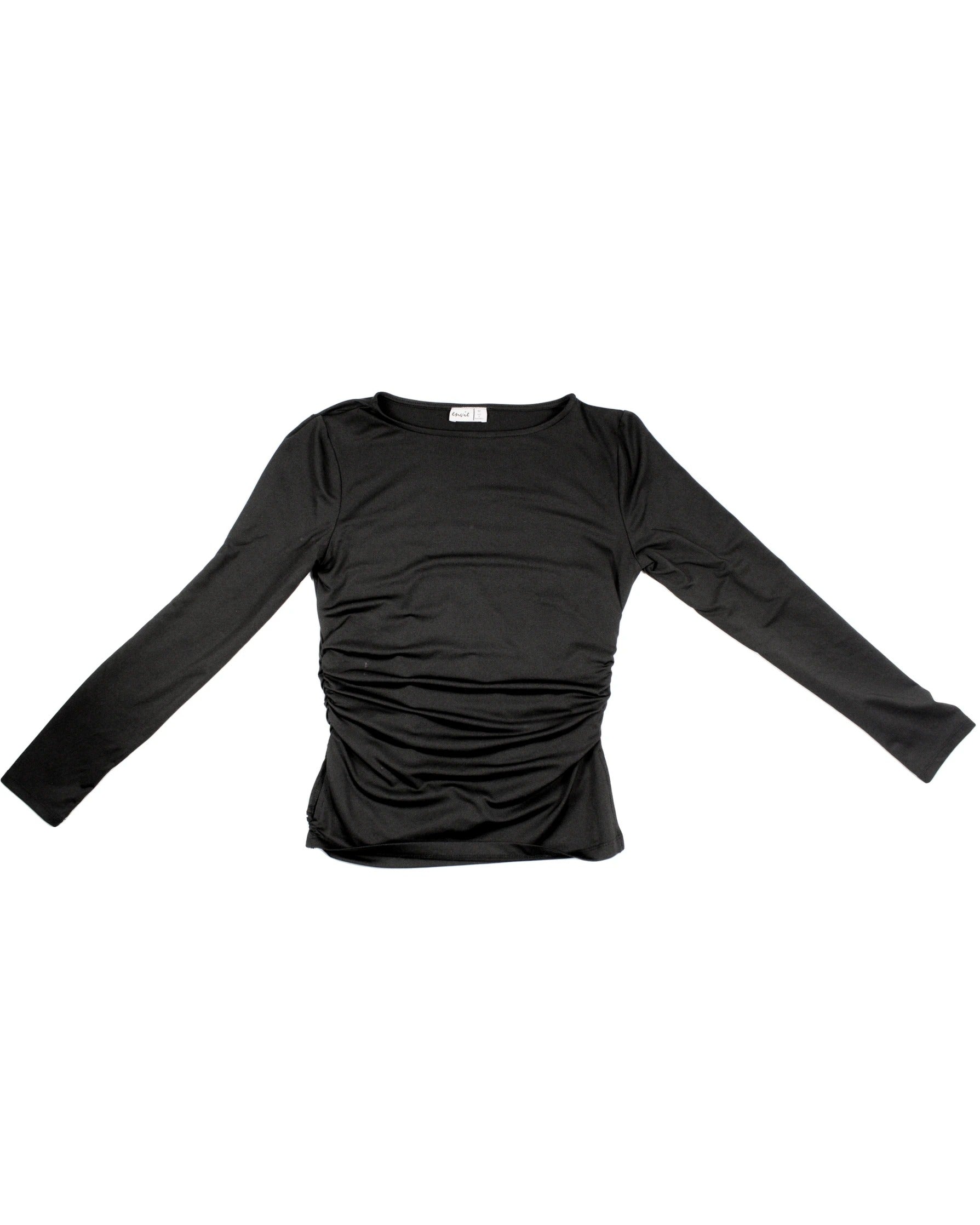 Envie Women's Black Top with Side Gathers, Round Neck, Side Slits – Size M