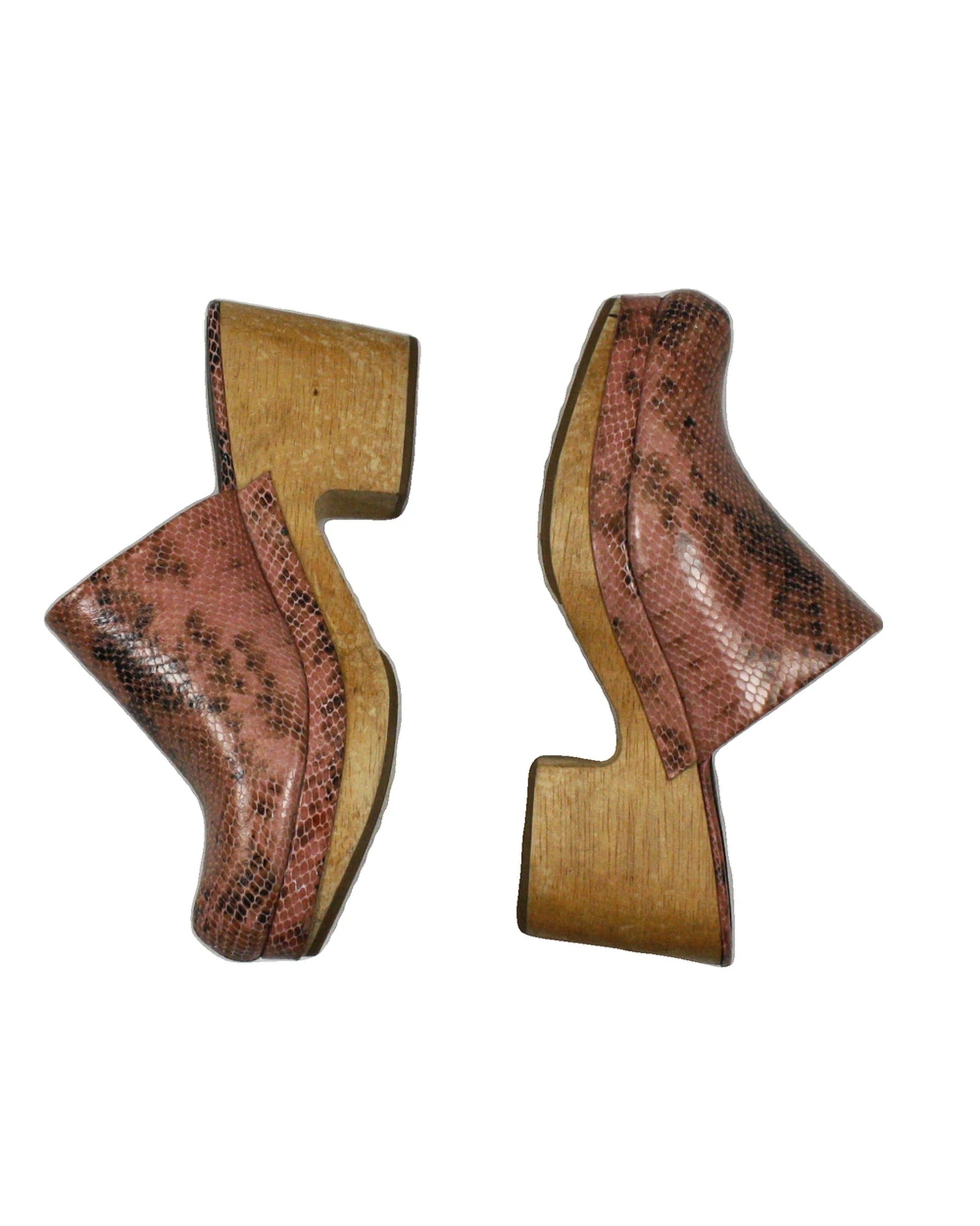 Rachel Comey Designer Women's Rose/Black/Tan Leather Snakeskin Print Clog Wood Sole Mules – AS IS, Size 8.5