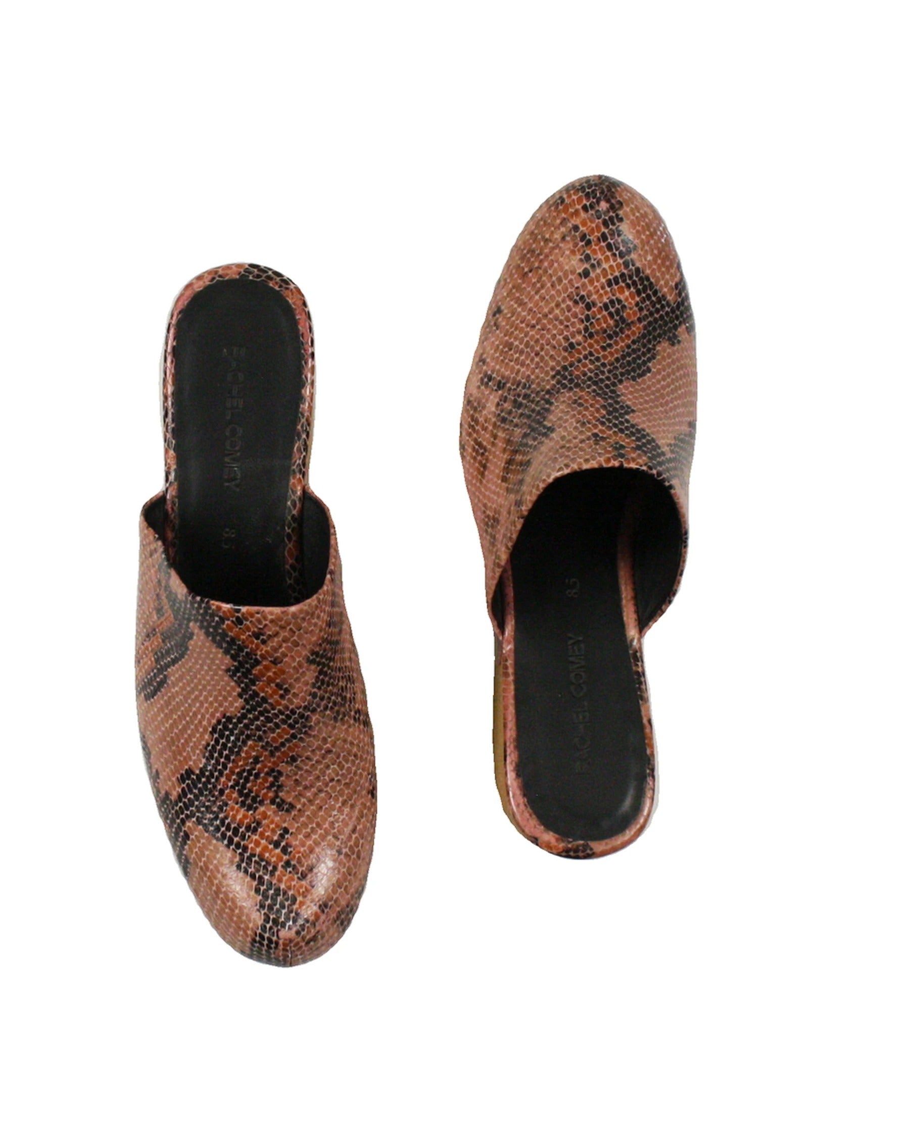 Rachel Comey Designer Women's Rose/Black/Tan Leather Snakeskin Print Clog Wood Sole Mules – AS IS, Size 8.5