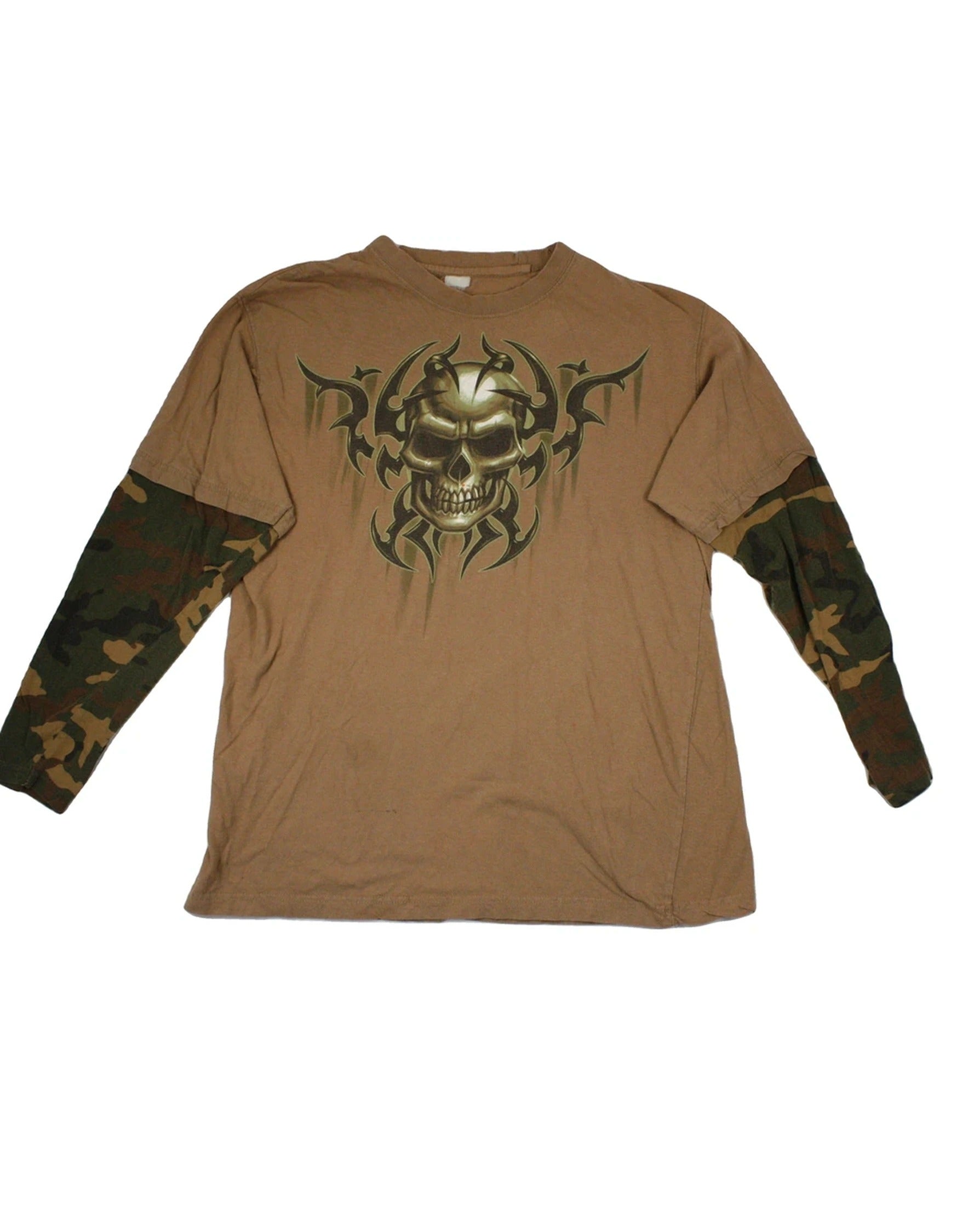 No Brand Men's Camel/Dark Brown/Green Top with Front Skull Graphic, Double Sleeve, Camo Sleeve Pattern – As-Is