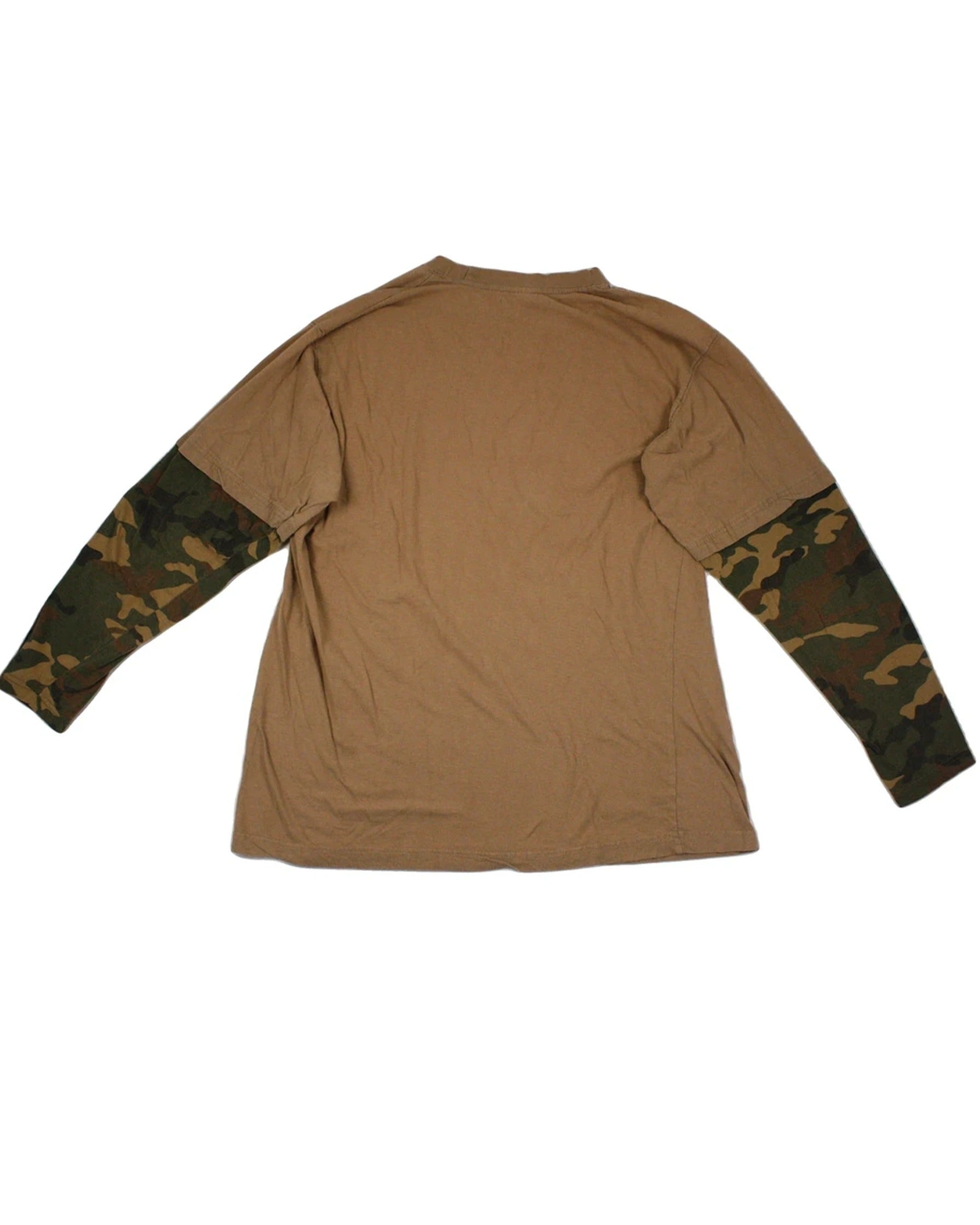 No Brand Men's Camel/Dark Brown/Green Top with Front Skull Graphic, Double Sleeve, Camo Sleeve Pattern – As-Is