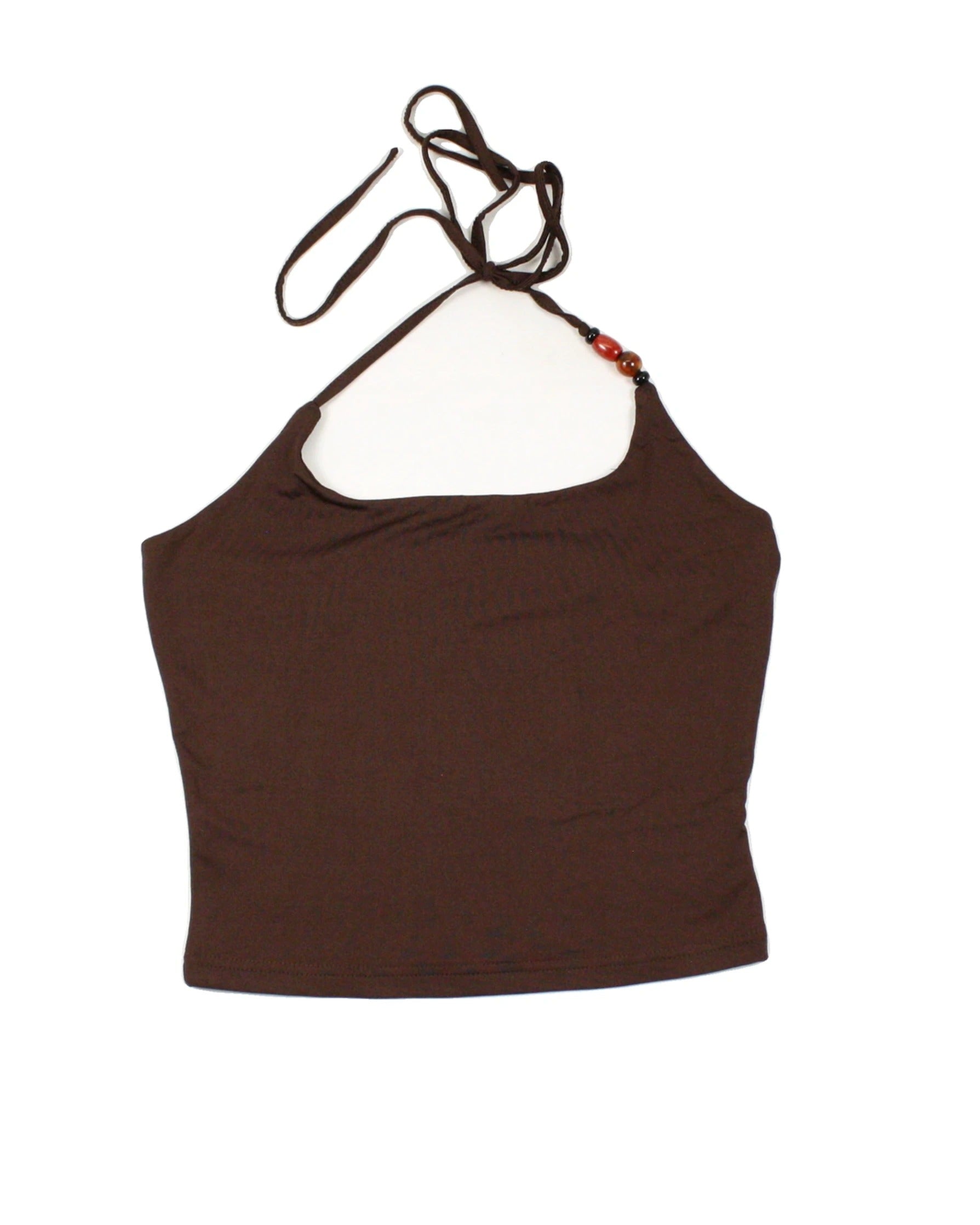 No Brand Women's Brown/Orange/Black Top with Stretch, Halter Neck, Beaded Neckline