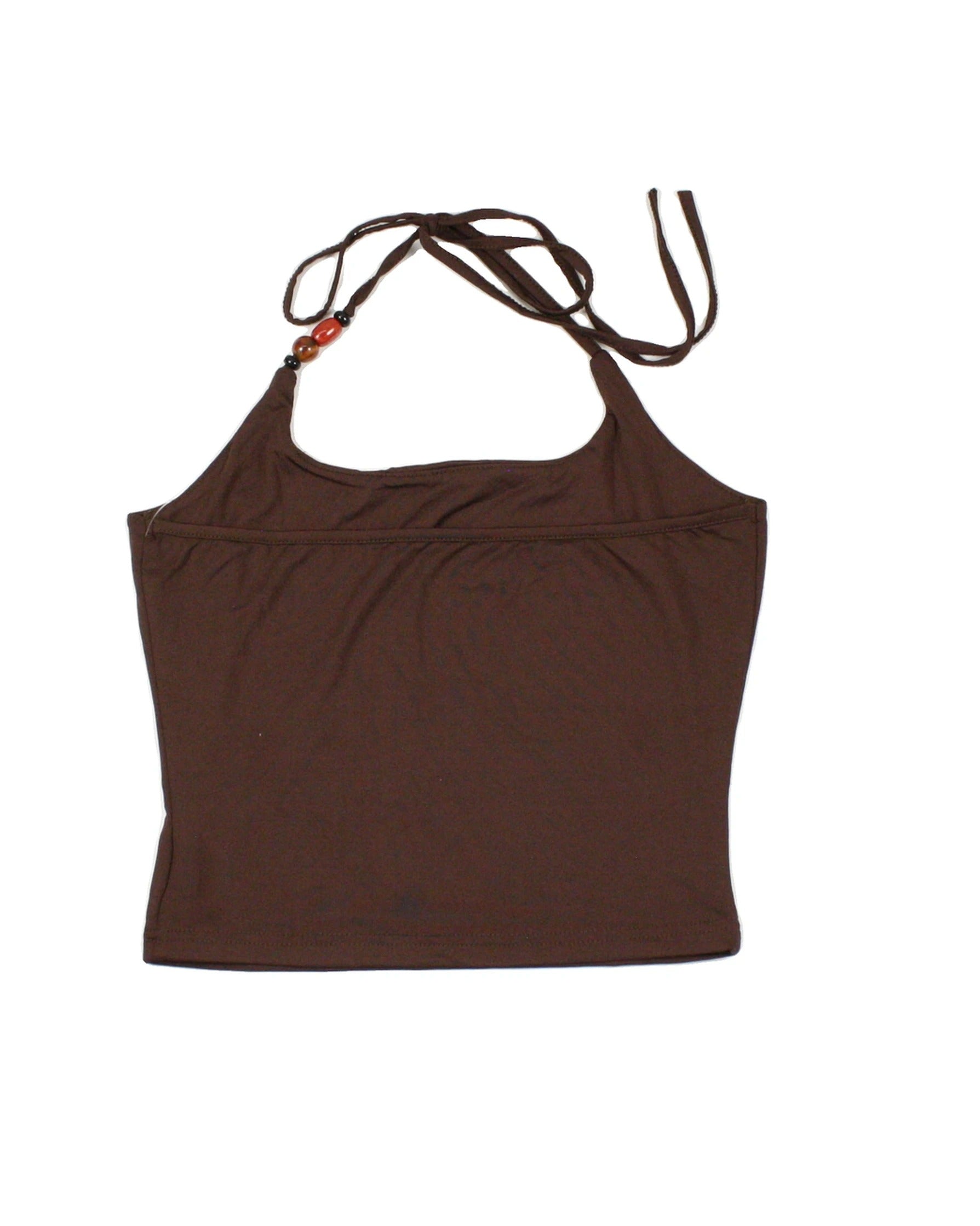No Brand Women's Brown/Orange/Black Top with Stretch, Halter Neck, Beaded Neckline