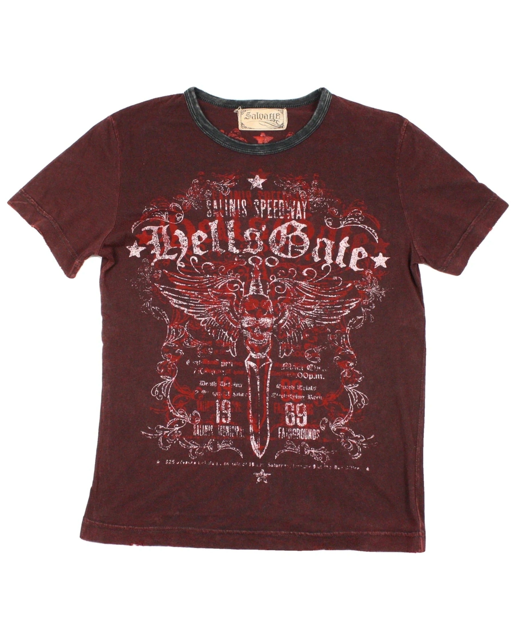 Salvage Men's Burgundy/Red/Black/Pink Top with Round Neck, Faded, Abstract Front Graphic – As-Is