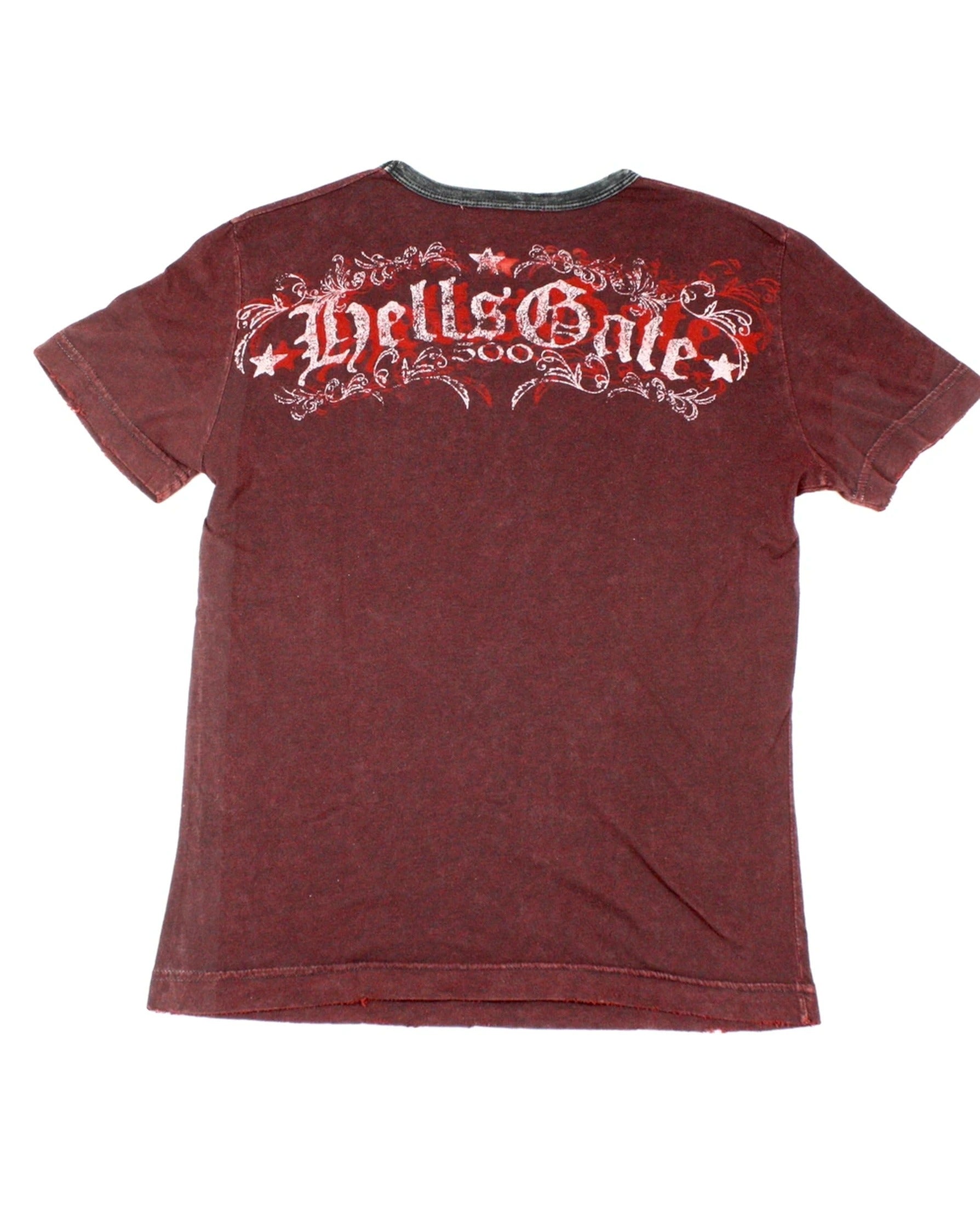 Salvage Men's Burgundy/Red/Black/Pink Top with Round Neck, Faded, Abstract Front Graphic – As-Is