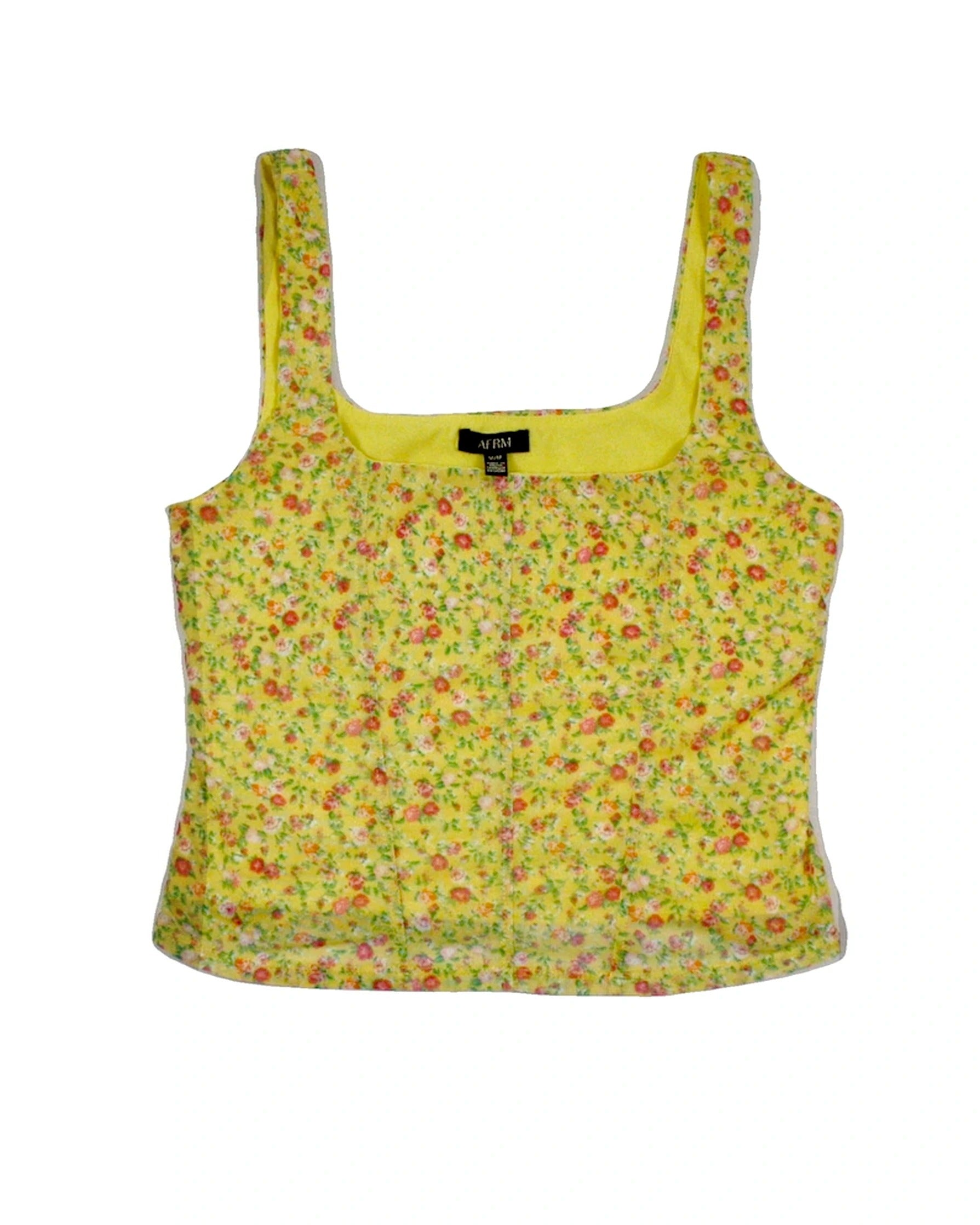 AFRM Women's Yellow/Magenta Top with Flower Pattern, Paneled Construction, Mesh – Size M