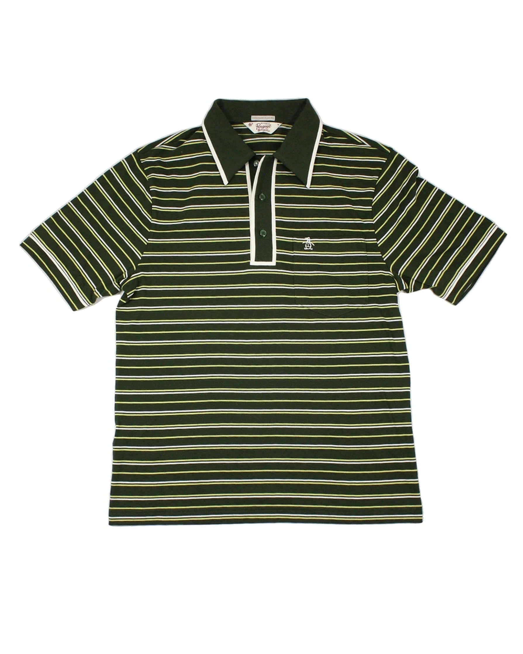 Penguin Men's Green/Olive/White Top with Polo Collar, Horizontal Stripes, Embroidered Logo – Size M