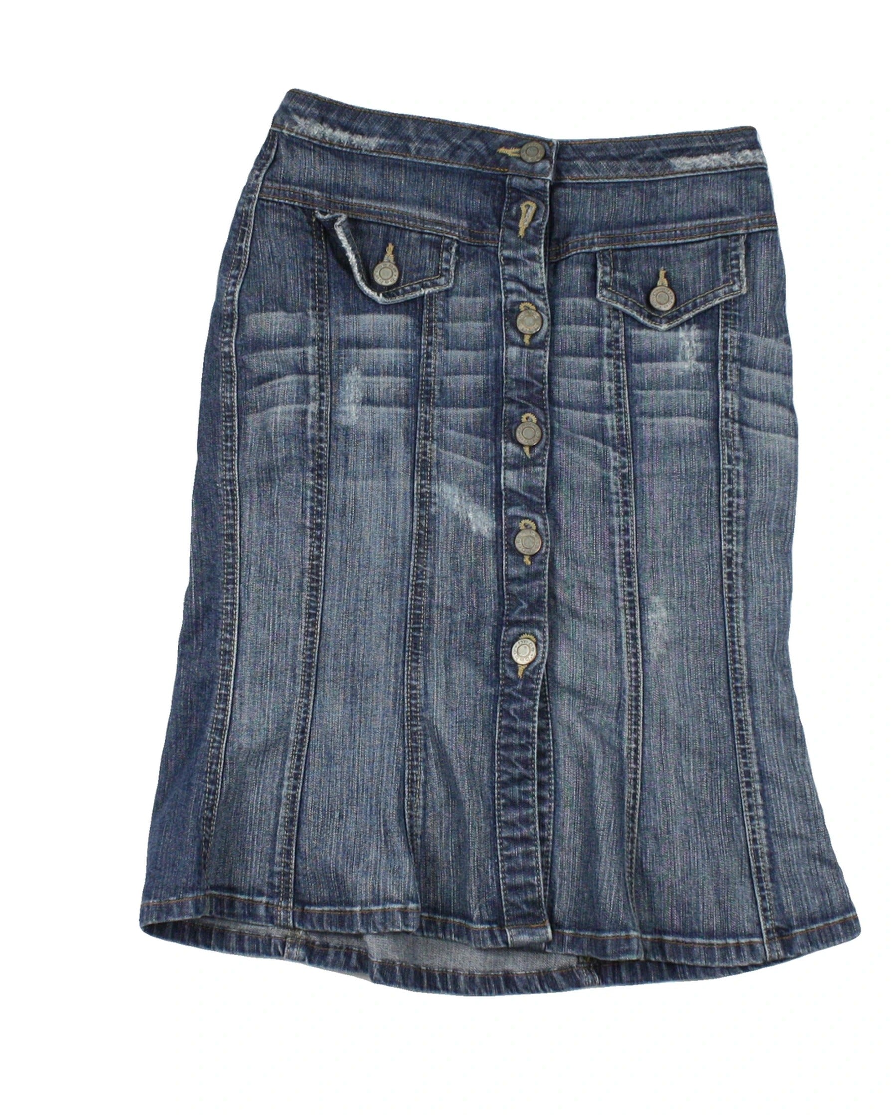 Bebe Women's Blue Skirt with Medium Wash, Paneled Construction, Button Front – Size W25