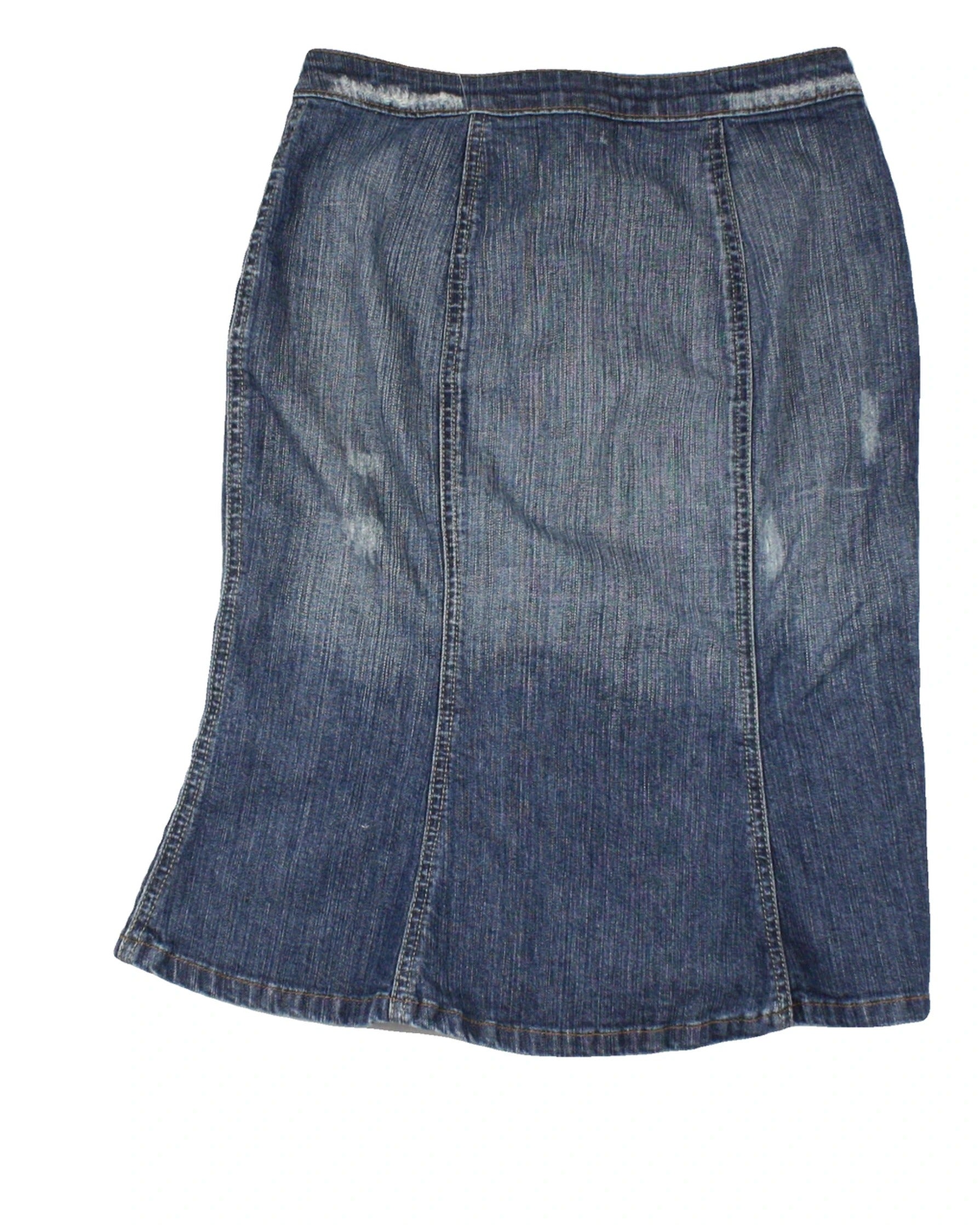 Bebe Women's Blue Skirt with Medium Wash, Paneled Construction, Button Front – Size W25