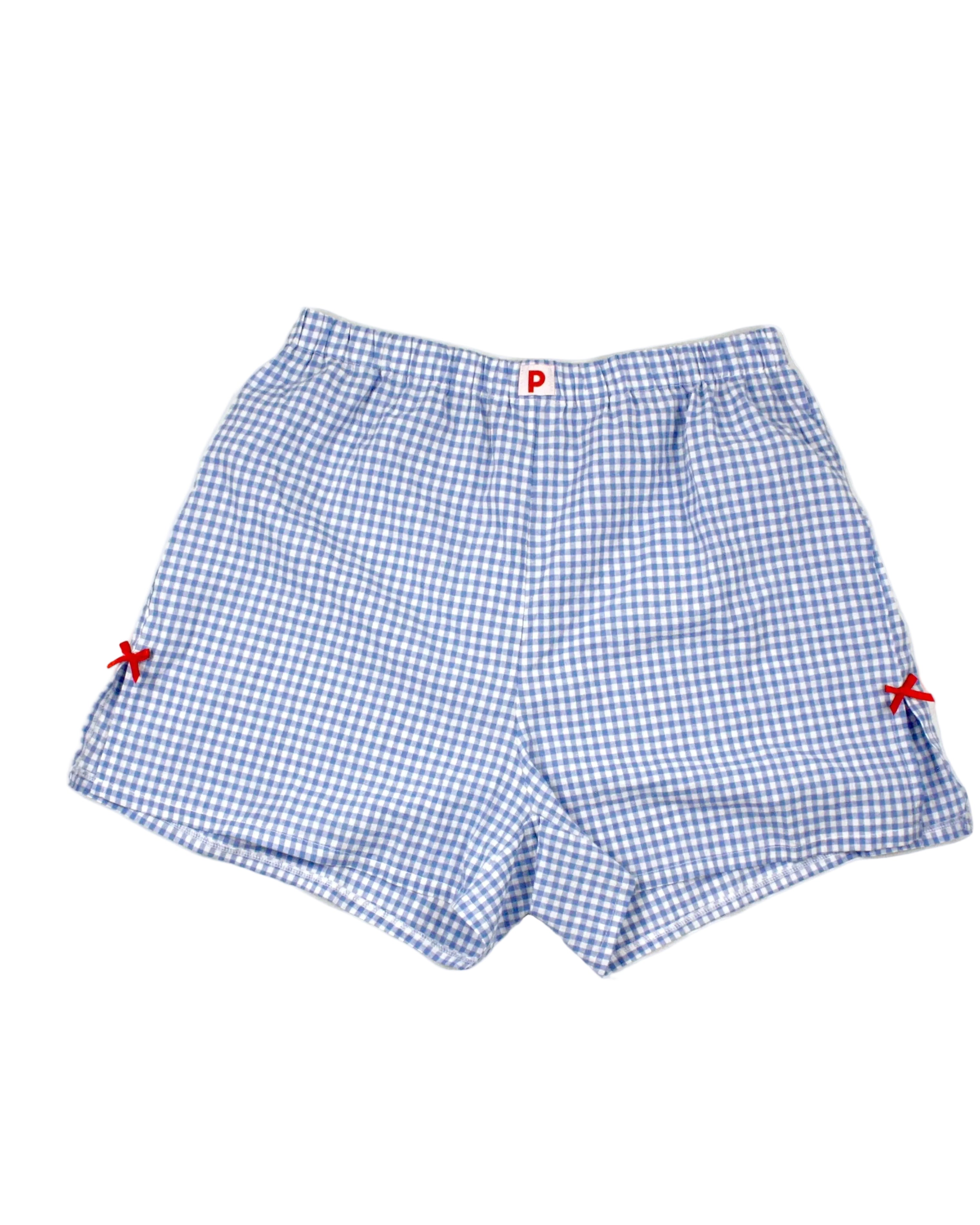 Pigeon Said Please Women's Blue/White Shorts with Gingham, Boxer Style, Side Bows – Size W31