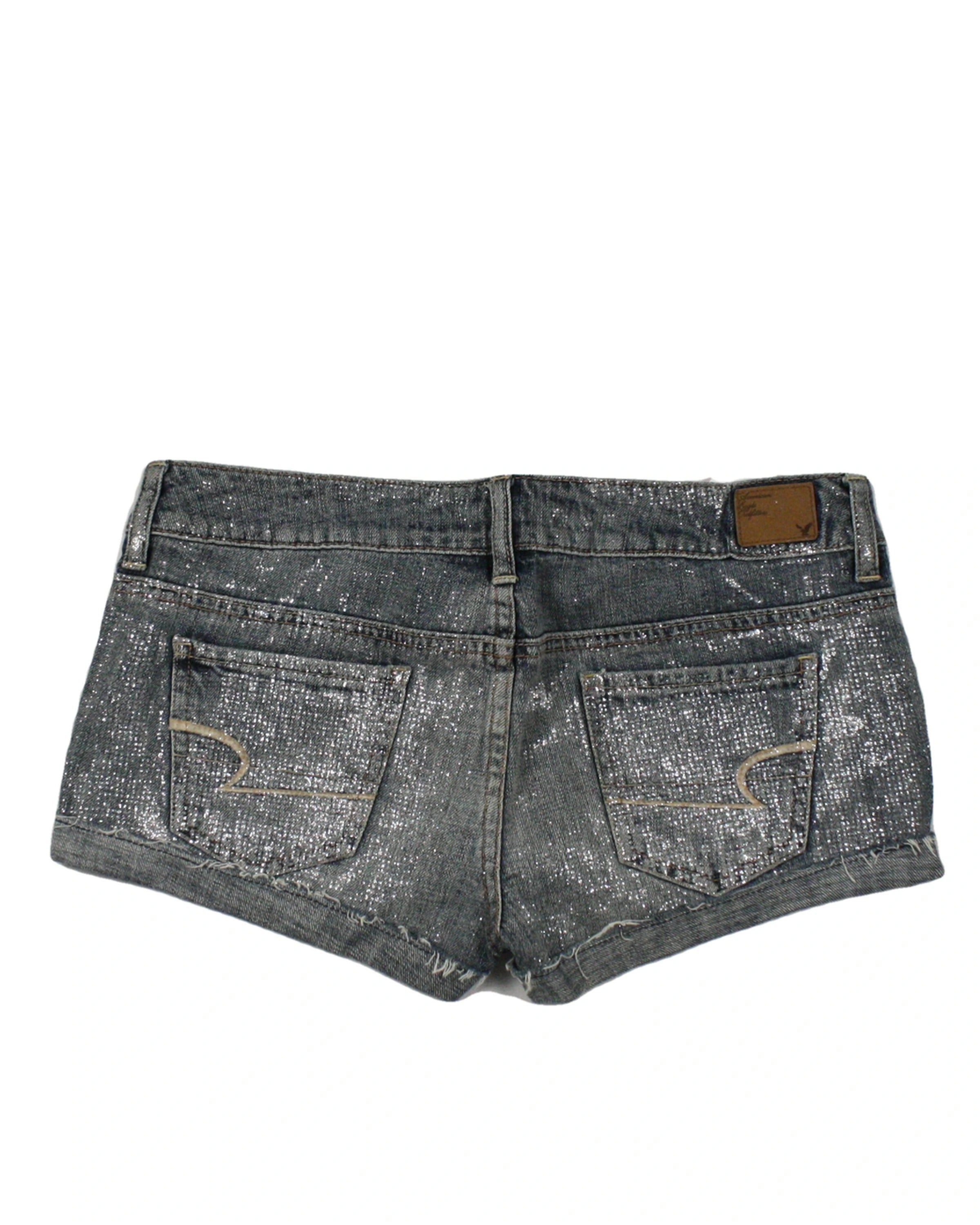 American Eagle Women's Blue Shorts with Medium Wash, Denim, Silver Glitter – Size W29