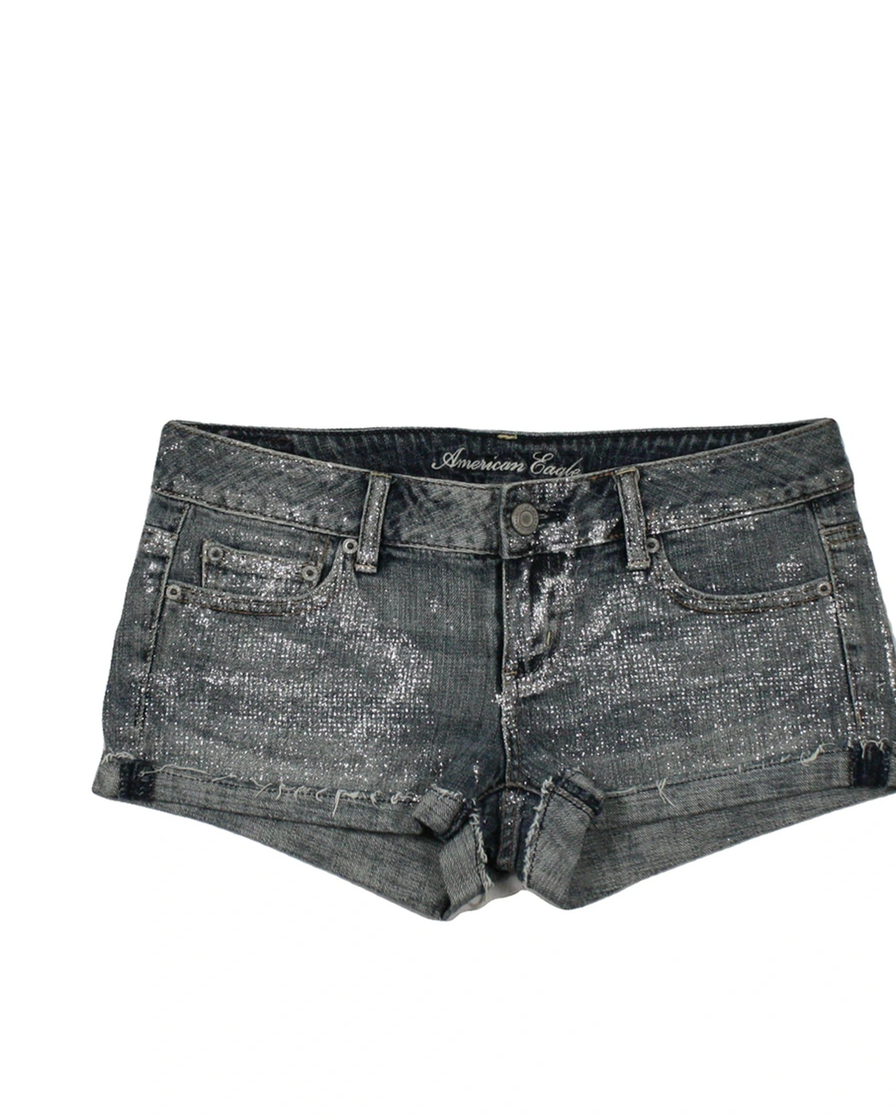 American Eagle Women's Blue Shorts with Medium Wash, Denim, Silver Glitter – Size W29