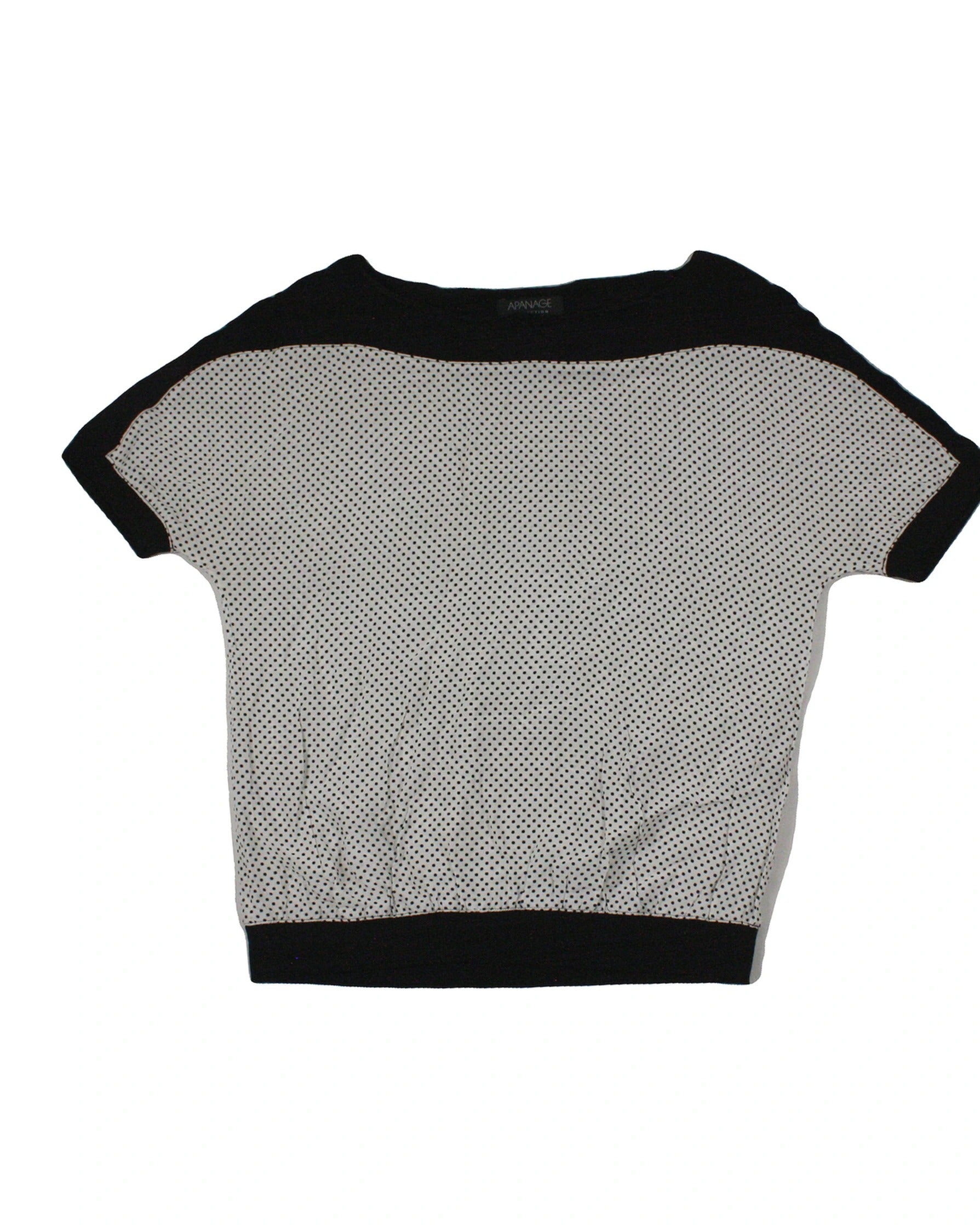Apanage Women's White/Black Top with Polka Dot, Black Trim, Boat Neck