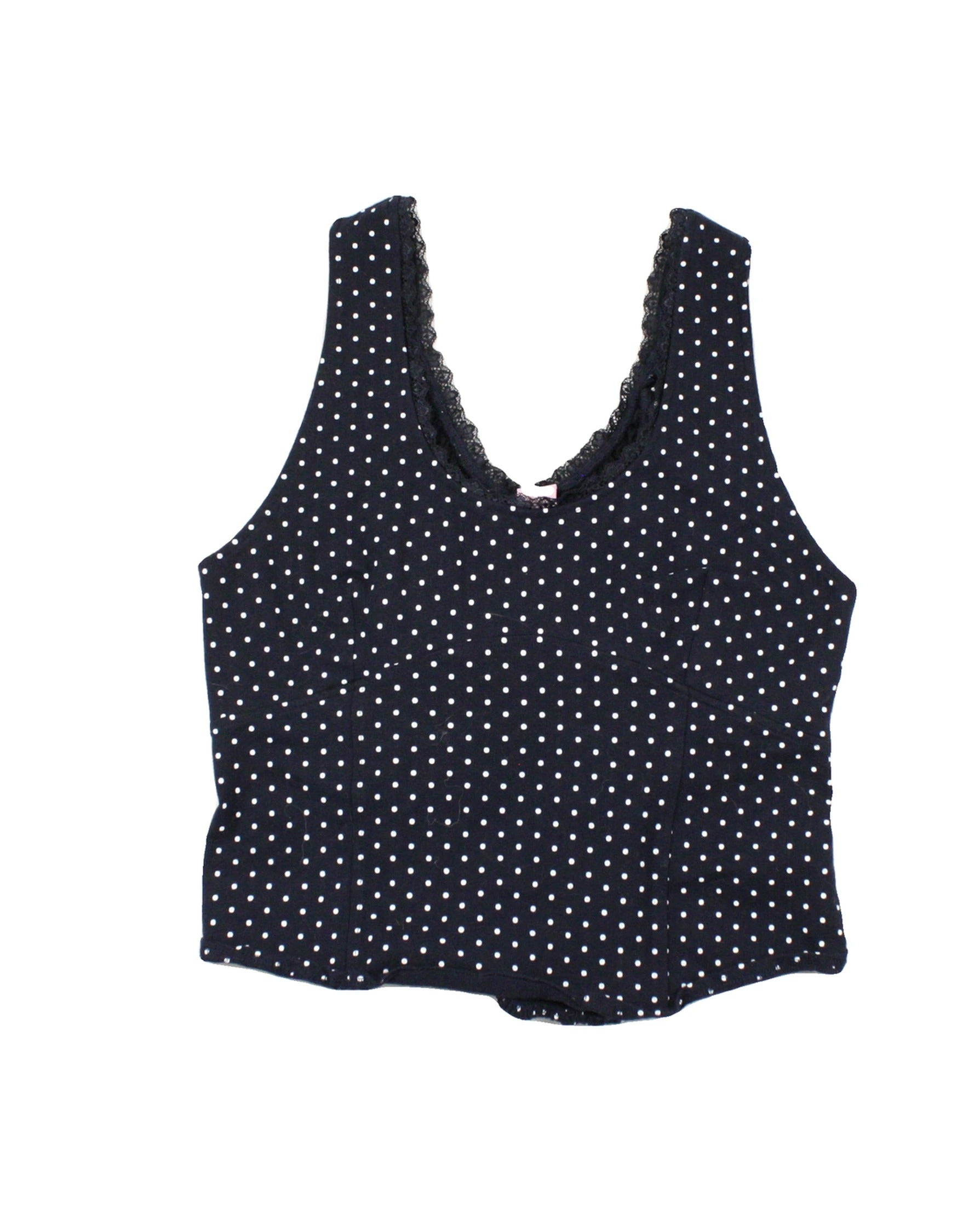 Kittenish Women's Navy/White Top with Polka Dot, Lace Trim, Scoop Neck – Size XL