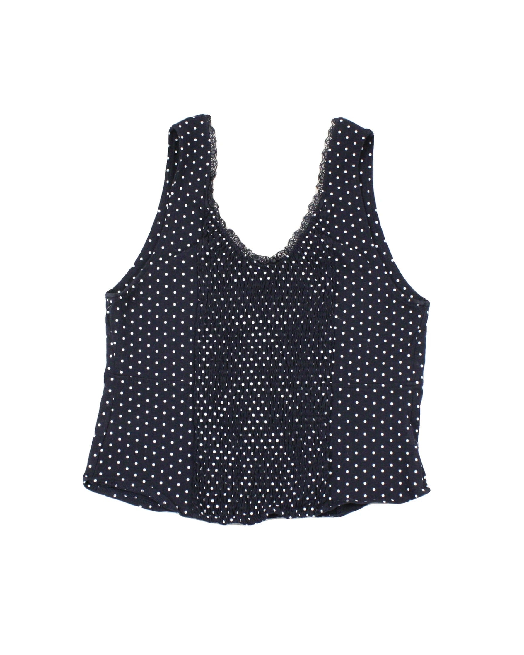 Kittenish Women's Navy/White Top with Polka Dot, Lace Trim, Scoop Neck – Size XL