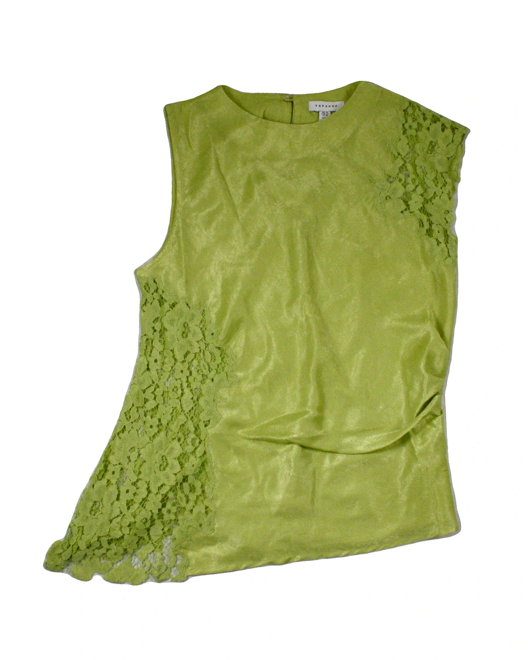 Topshop Women's Lime Top with Lace Panels, Side Ruching, Sheen Finish – Size 10