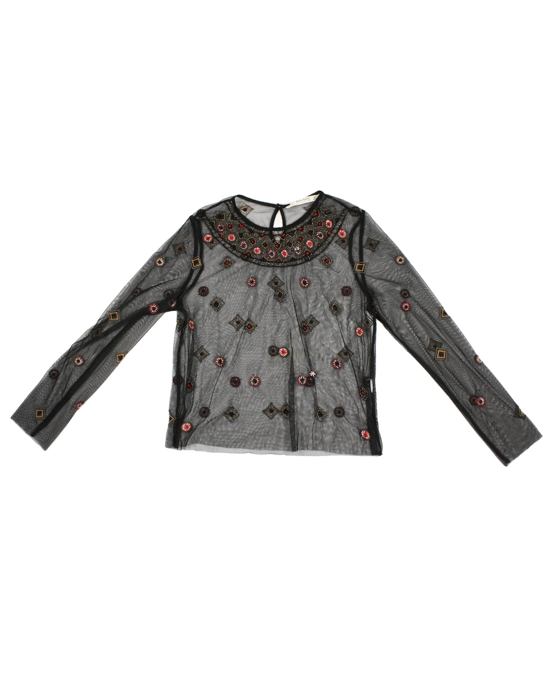 Zara Basic Women's Black/Red/Dark Olive/Mustard Top with Mesh, Beaded Embroidery, Geometric Neckline Pattern – Size S