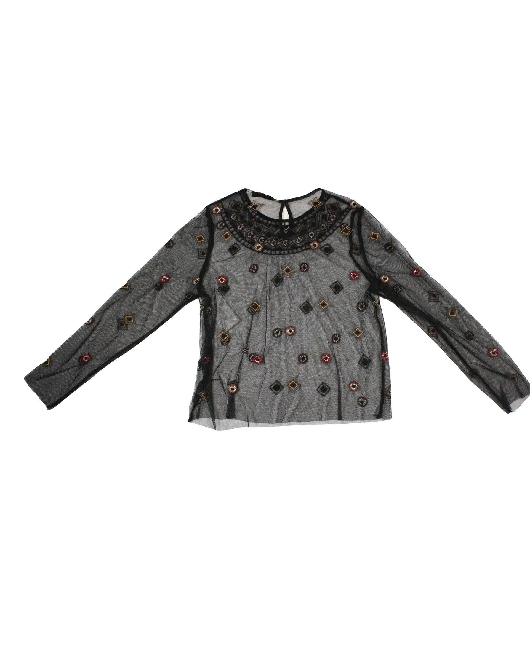 Zara Basic Women's Black/Red/Dark Olive/Mustard Top with Mesh, Beaded Embroidery, Geometric Neckline Pattern – Size S