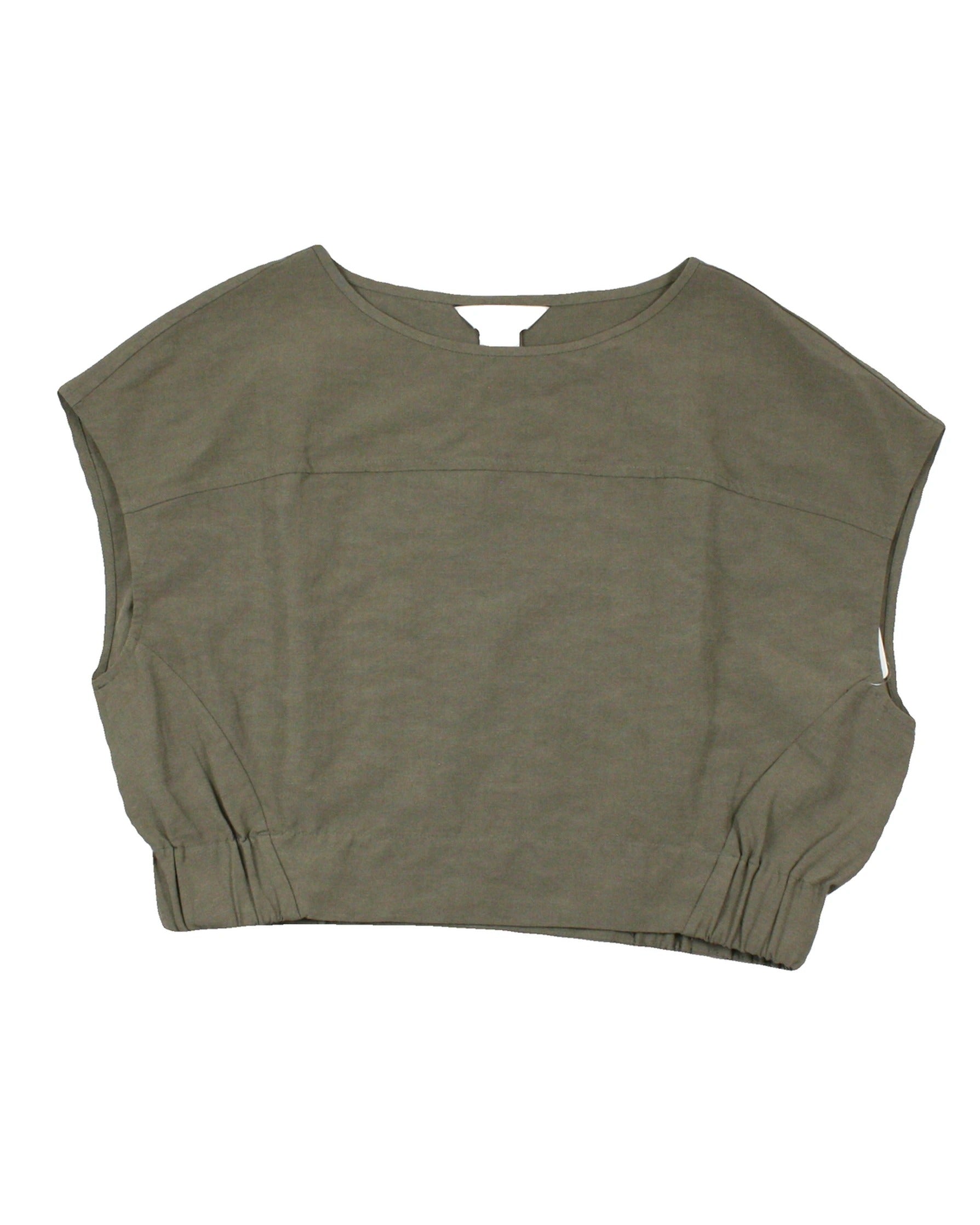 Club Monaco Women's Olive Top with Round Neck, Paneled Construction, Elastic Waist – Size XS