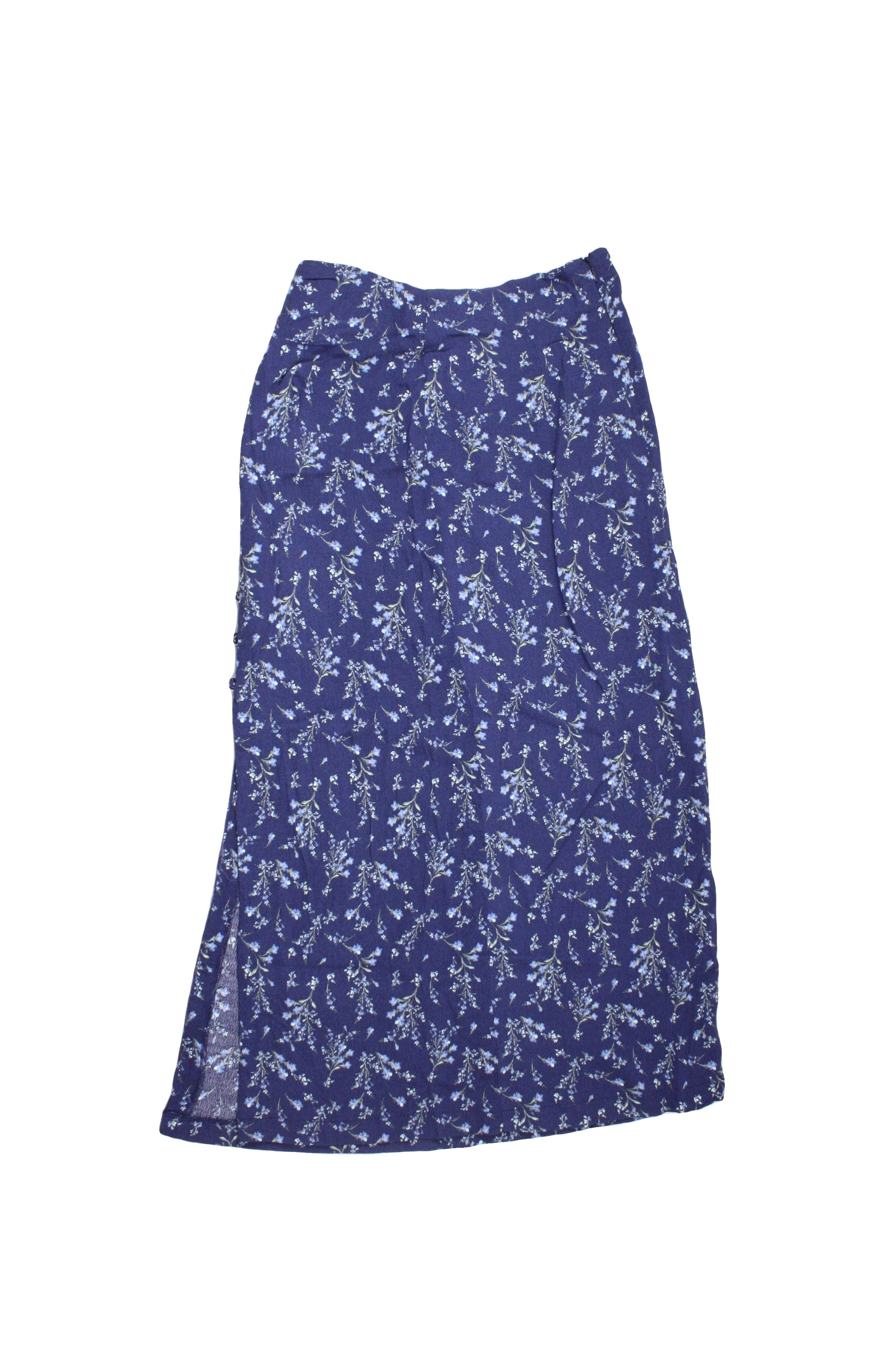 Altar'd State Women's Dark Blue/Light Blue/Green Skirt with Floral Print, Button Front, Front Slit – Size W28
