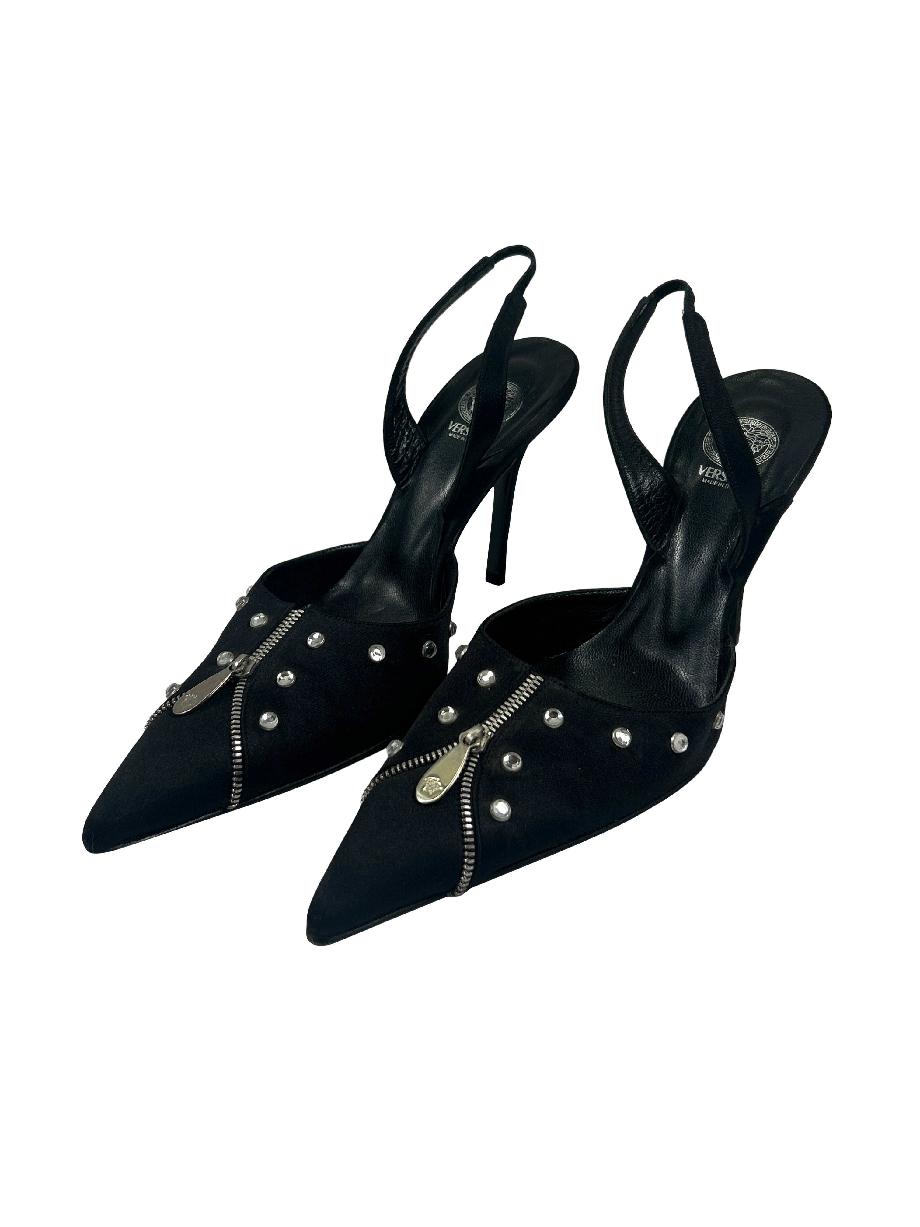 Versace Size 37 Satin Zipper Slingback Heels
