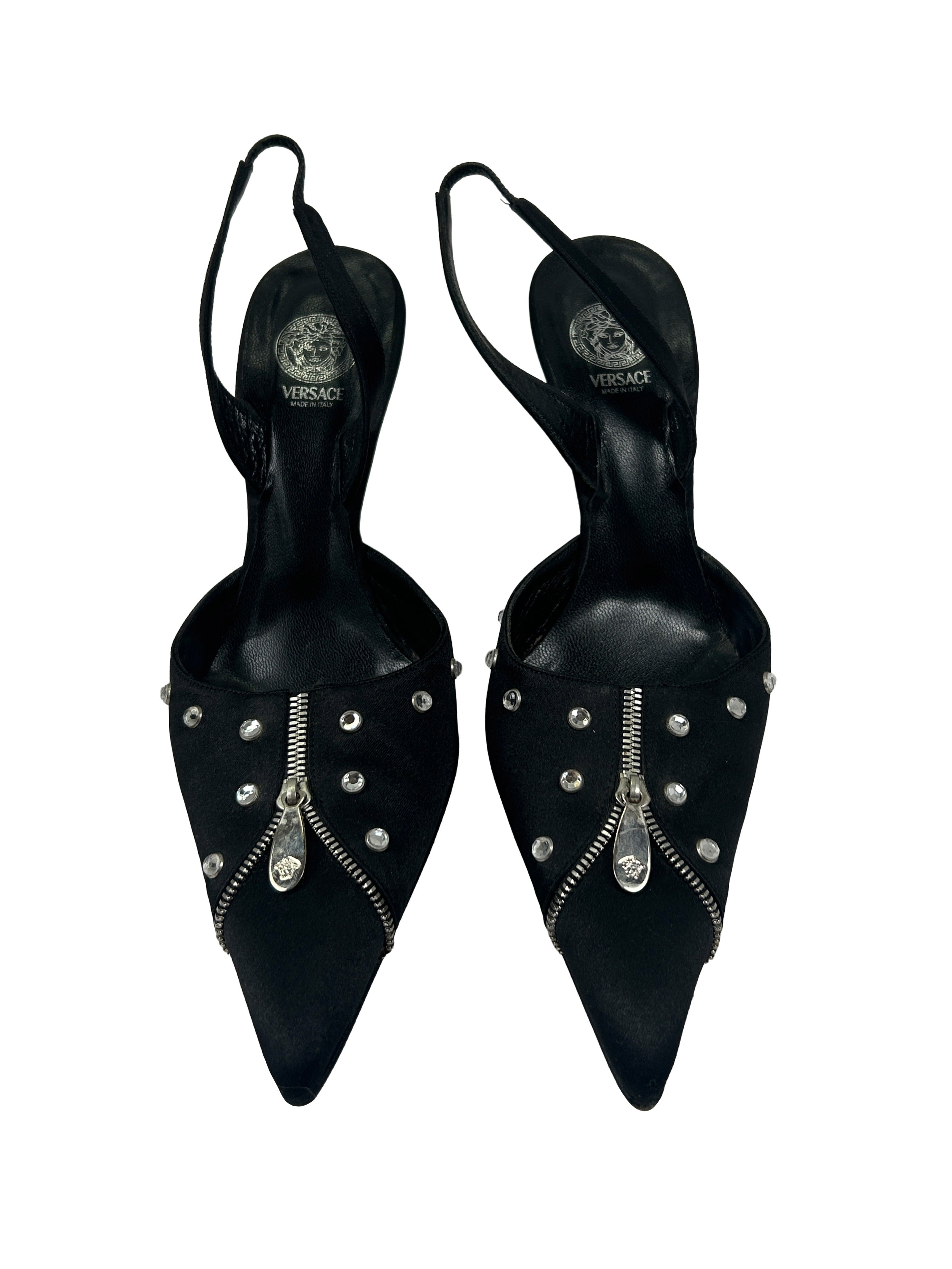 Versace Size 37 Satin Zipper Slingback Heels