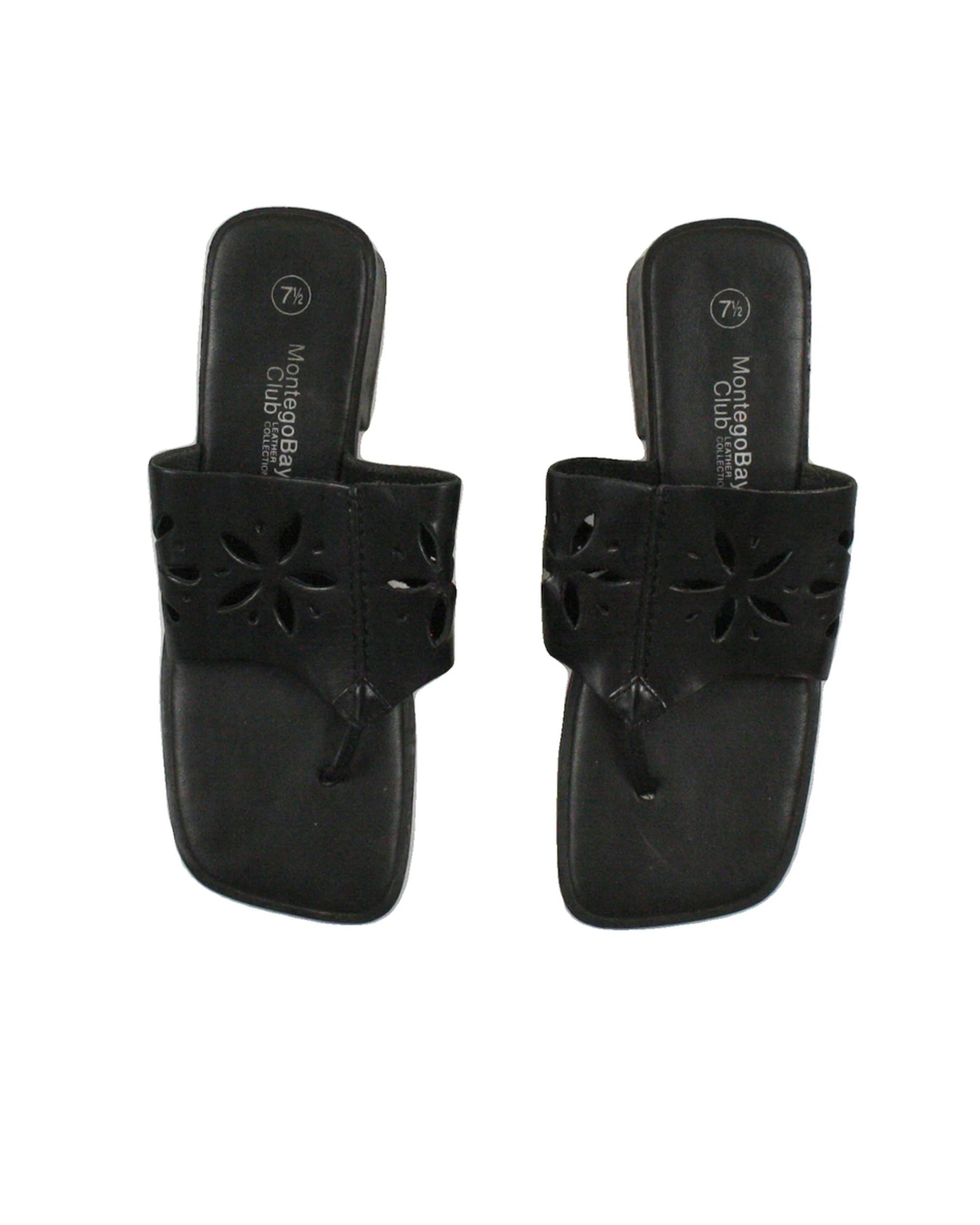 MontegoBay Women's Black Leather Square Toe Slide-On Style Cutout Detail Sandals – AS IS, Size 7.5