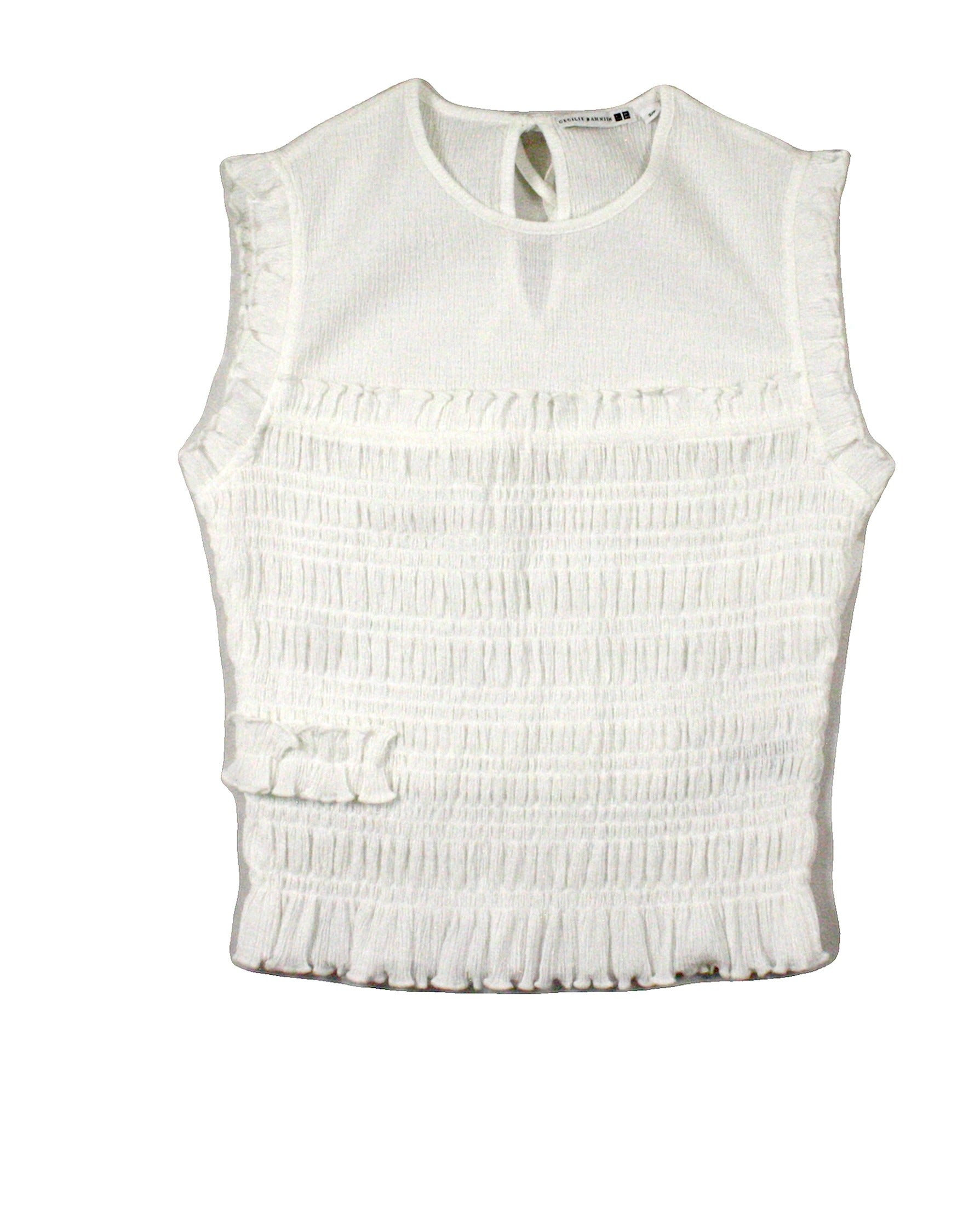 Cecilie Bahnsen x Uniqlo Women's White Ruffle Shoulders Ruched Detail Round Neckline Front Ruching Sleeveless Top – Size S