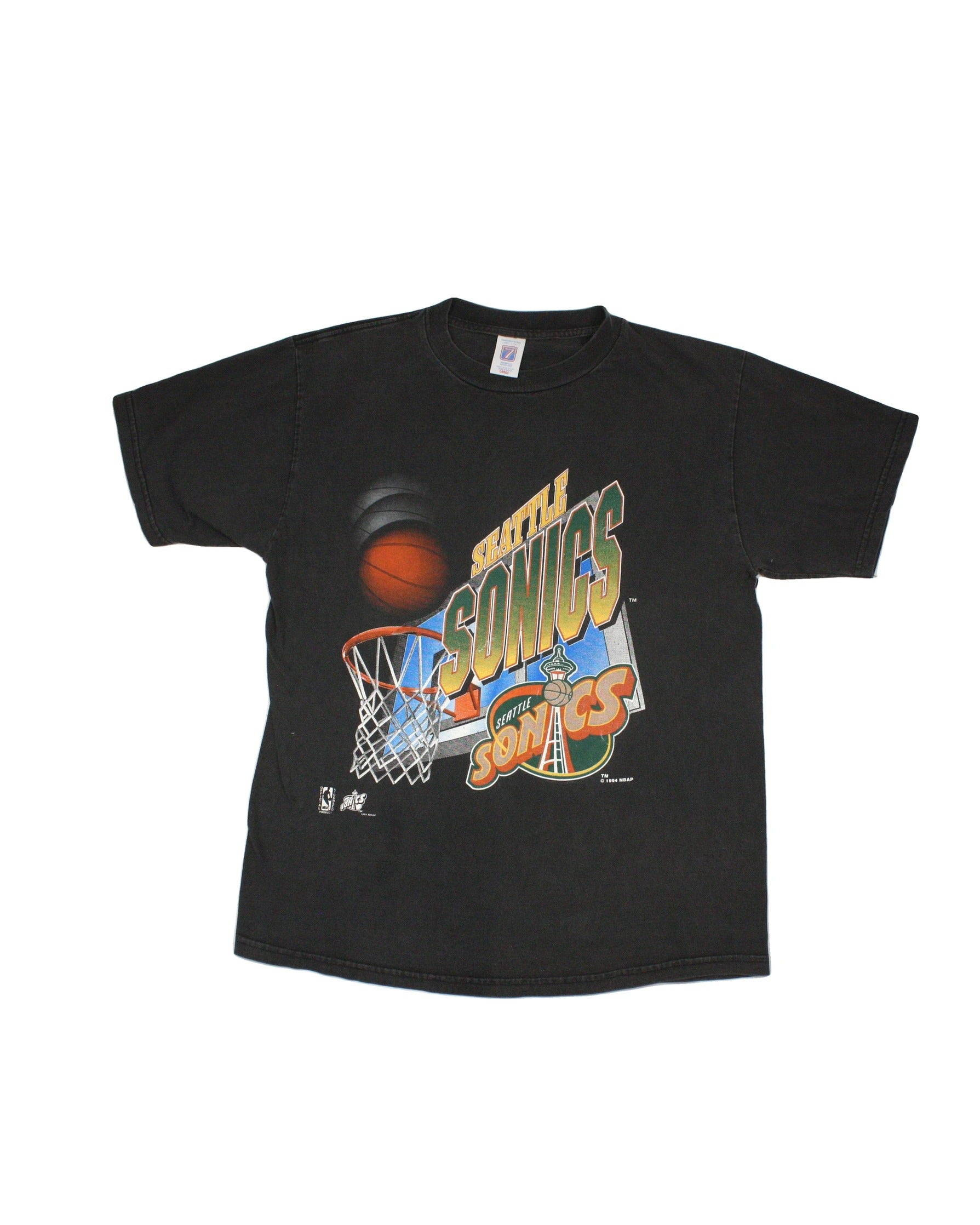 Logo 7 Men's Gray/Orange/Yellow/Green/Blue Seattle Sonics Graphic Crew Neckline Basketball Theme Short Sleeve Top – Size L
