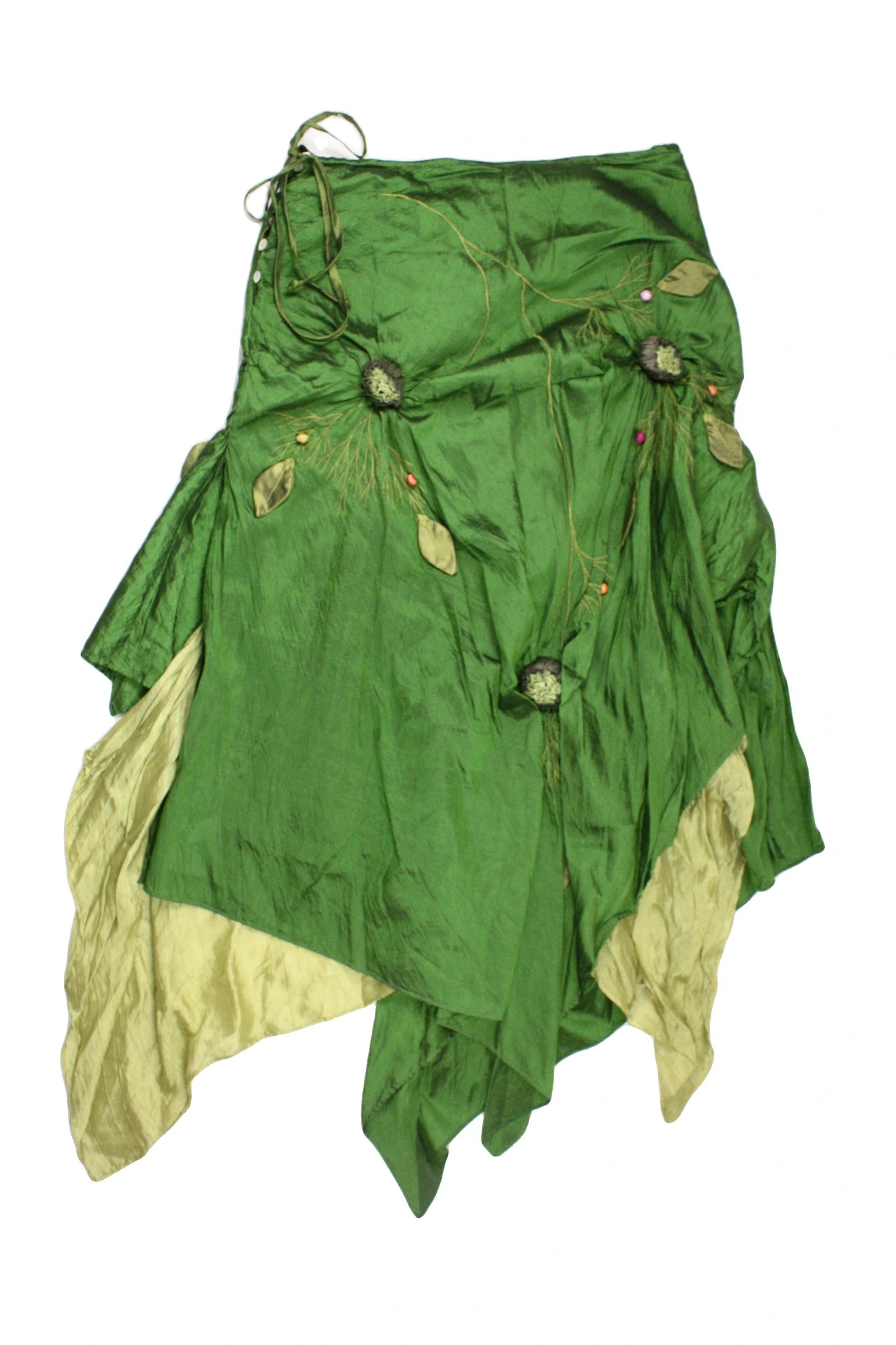 No Brand Women's Green/Light Green/Purple Silk Maxi Length Flower Patches Asymmetric Hem Skirt – AS IS, Waist 28