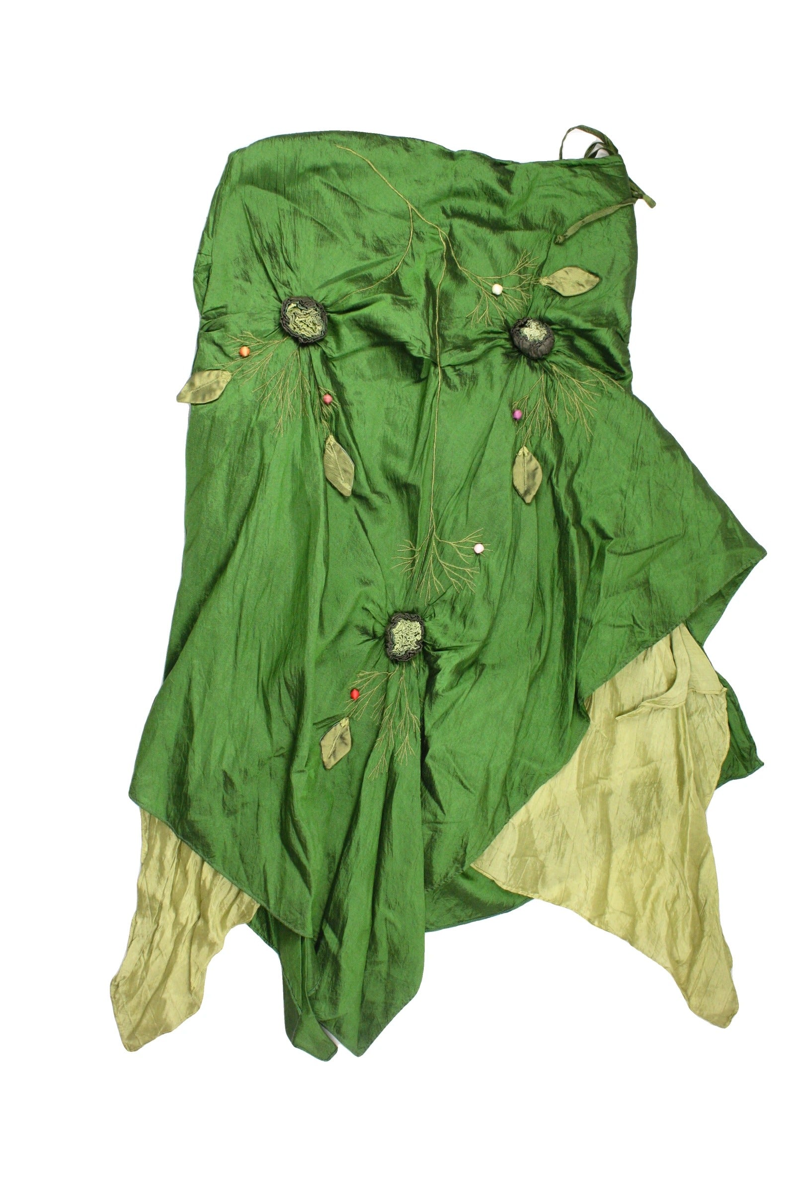No Brand Women's Green/Light Green/Purple Silk Maxi Length Flower Patches Asymmetric Hem Skirt – AS IS, Waist 28
