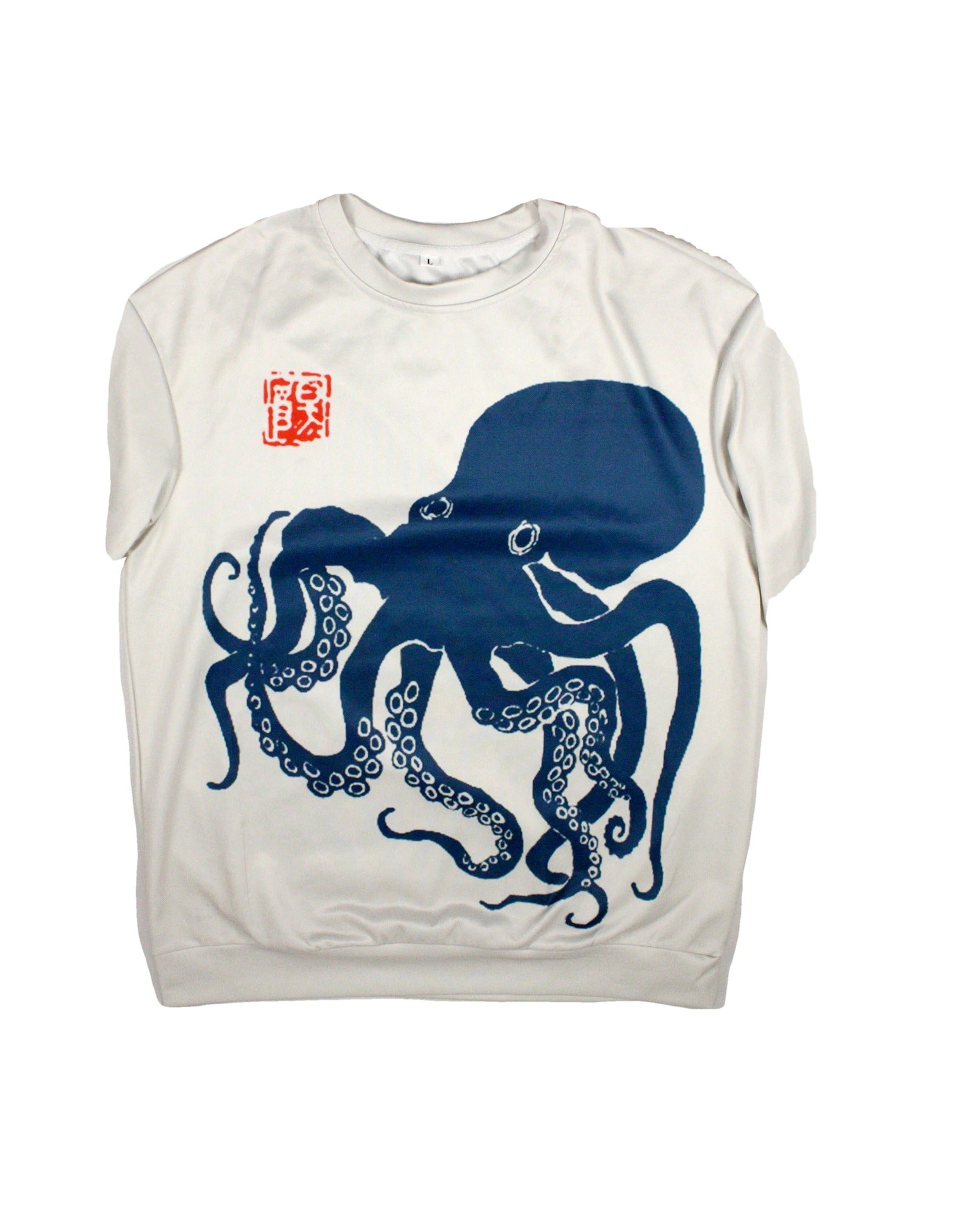 No Brand Men's Light Gray/Navy/Red Octopus Graphic Crew Neckline Sheen Finish Long Sleeve Sweatshirt