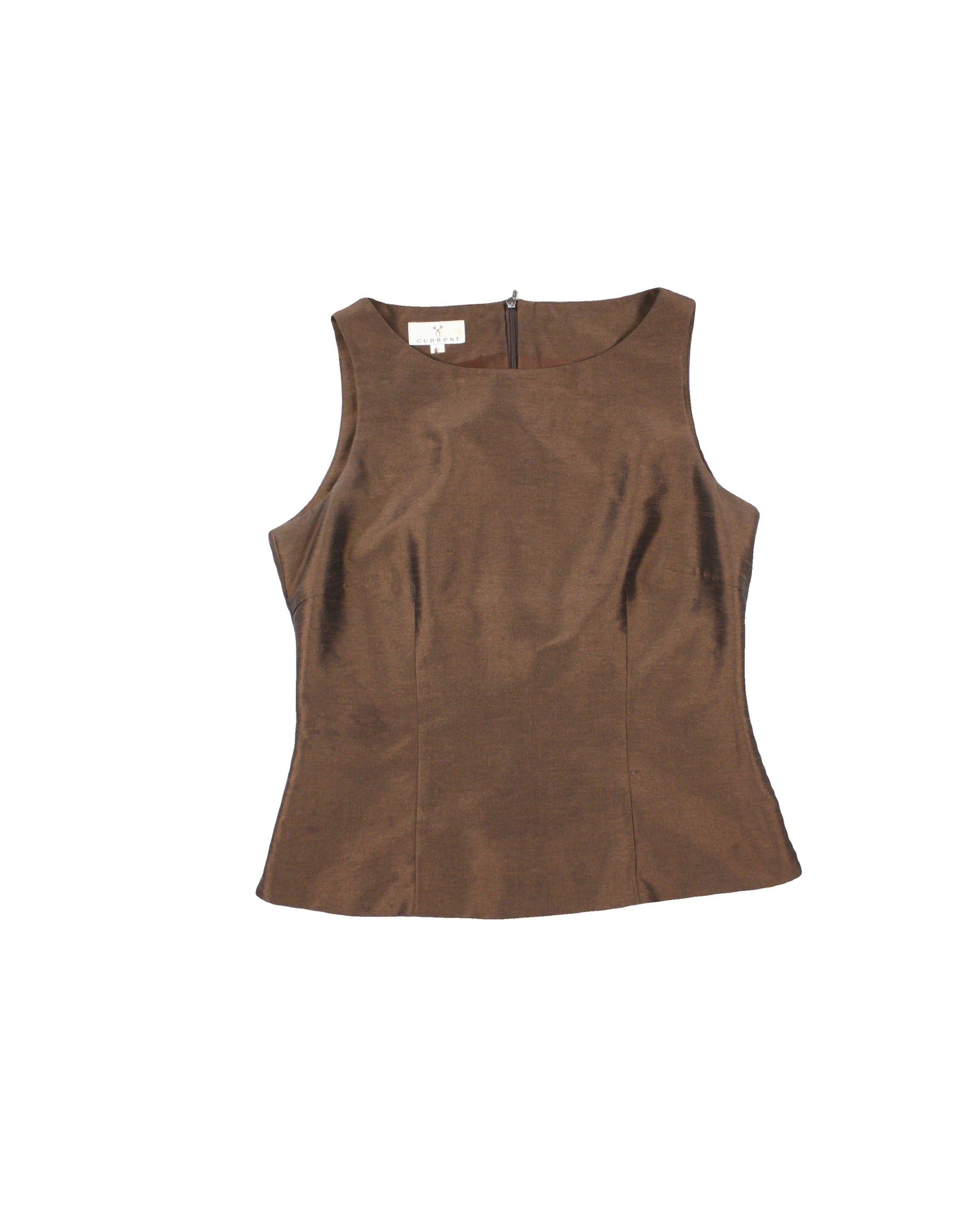Current Women's Brown Wide Neckline Darts Textured Fabric Two-Layer Design Sleeveless Top