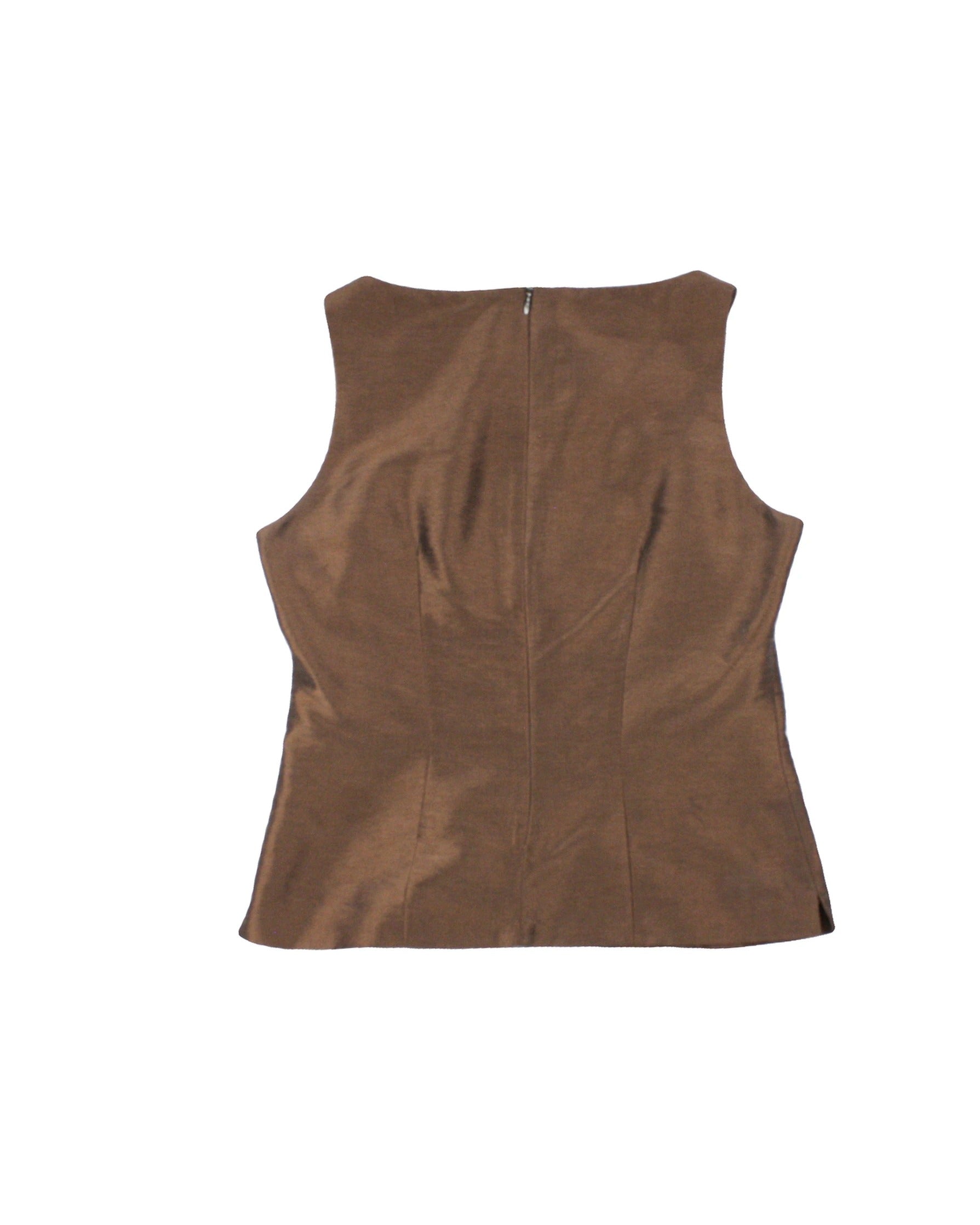 Current Women's Brown Wide Neckline Darts Textured Fabric Two-Layer Design Sleeveless Top