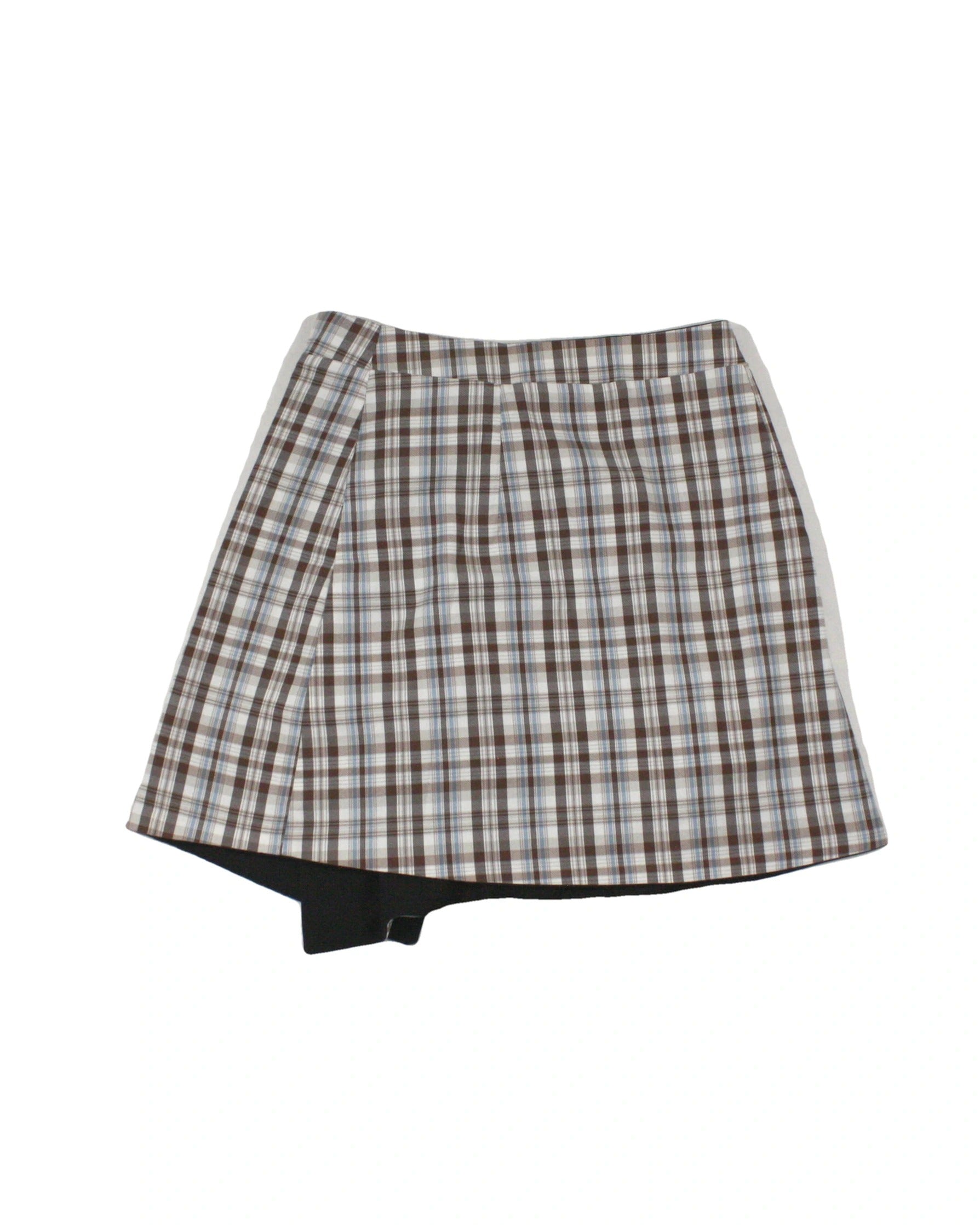 UsTheBasic Women's Light Blue/Light Brown/Cream Plaid Pattern Asymmetric Buttons Wrap Front Skirt – Waist 23
