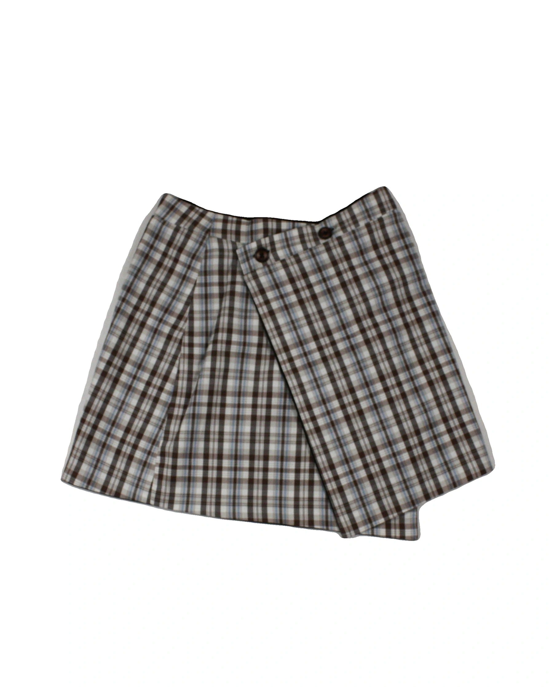UsTheBasic Women's Light Blue/Light Brown/Cream Plaid Pattern Asymmetric Buttons Wrap Front Skirt – Waist 23