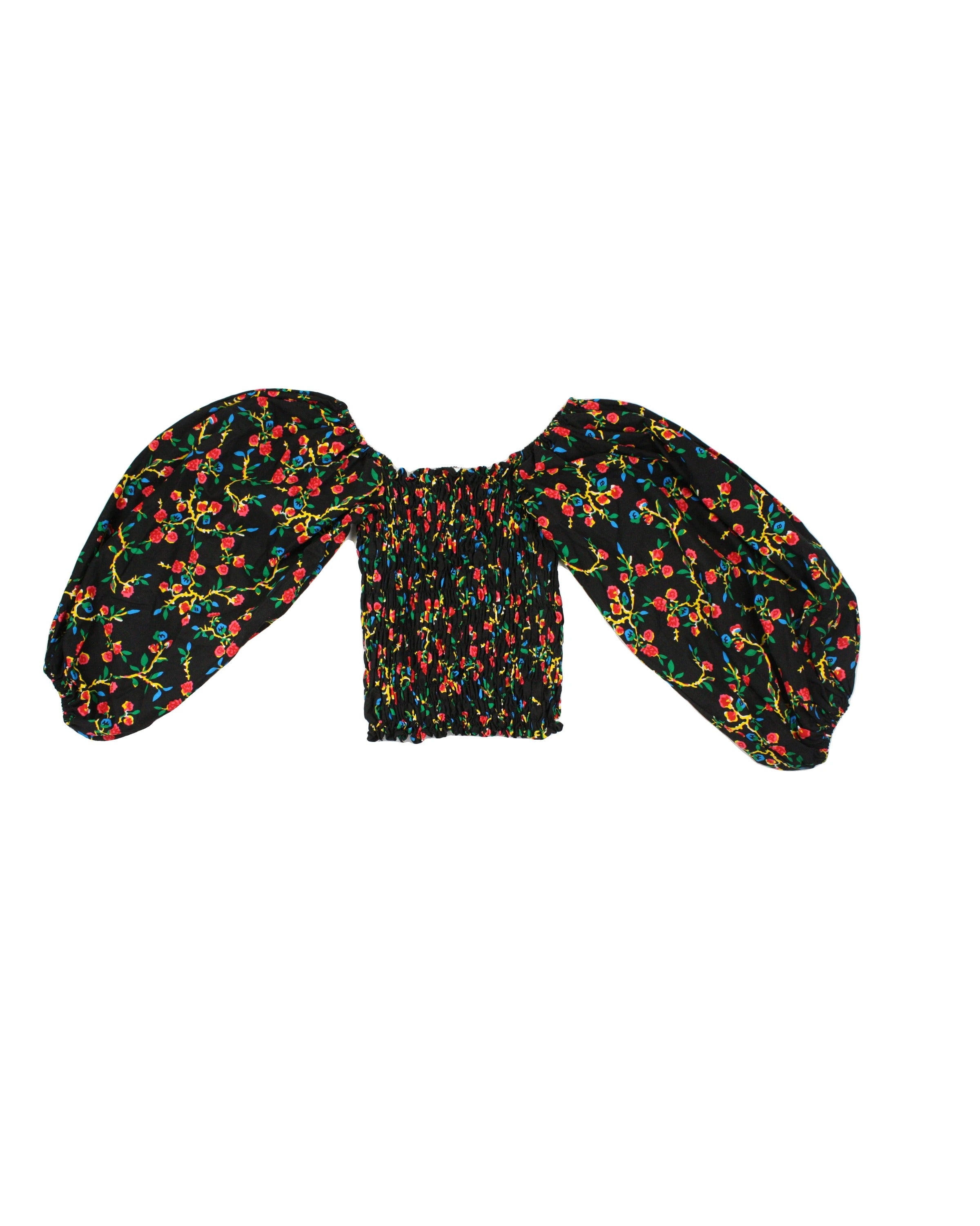 Batik Boutik Women's Black/Pink/Blue/Yellow/Green Floral Pattern Square Neckline Smocked Top Long Sleeve Top – Size XL